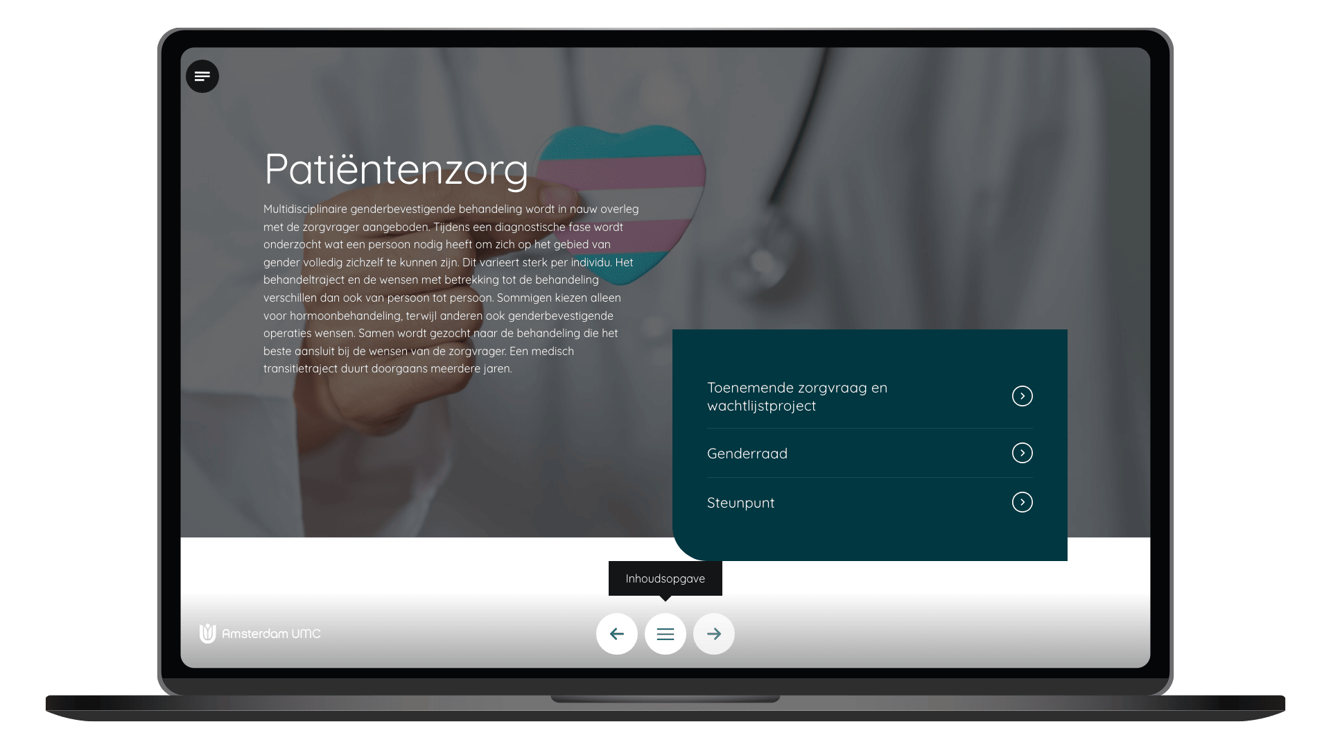 Online jaarbeeld 2023-2024 van Amsterdam UMC op een laptop, pagina Patiëntenzorg