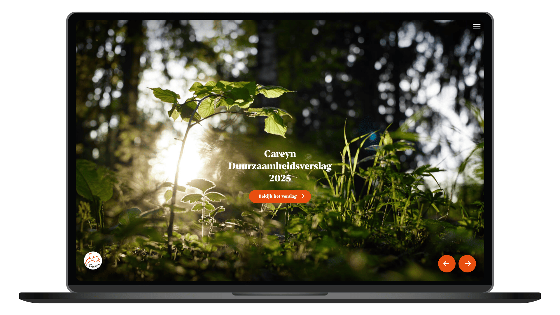 Online duurzaamheidsverslag 2025 van Careyn op een laptop, homepage