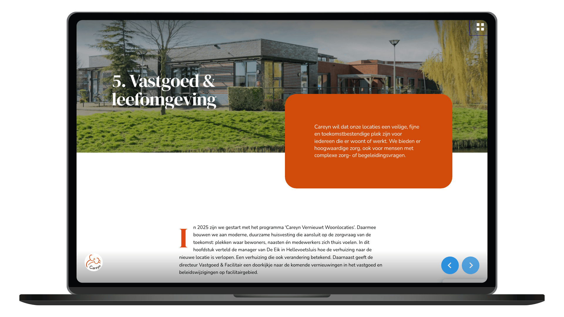 Online kwaliteitsbeeld 2025-2026 van Careyn op een laptop, pagina Vastgoed en leefomgeving