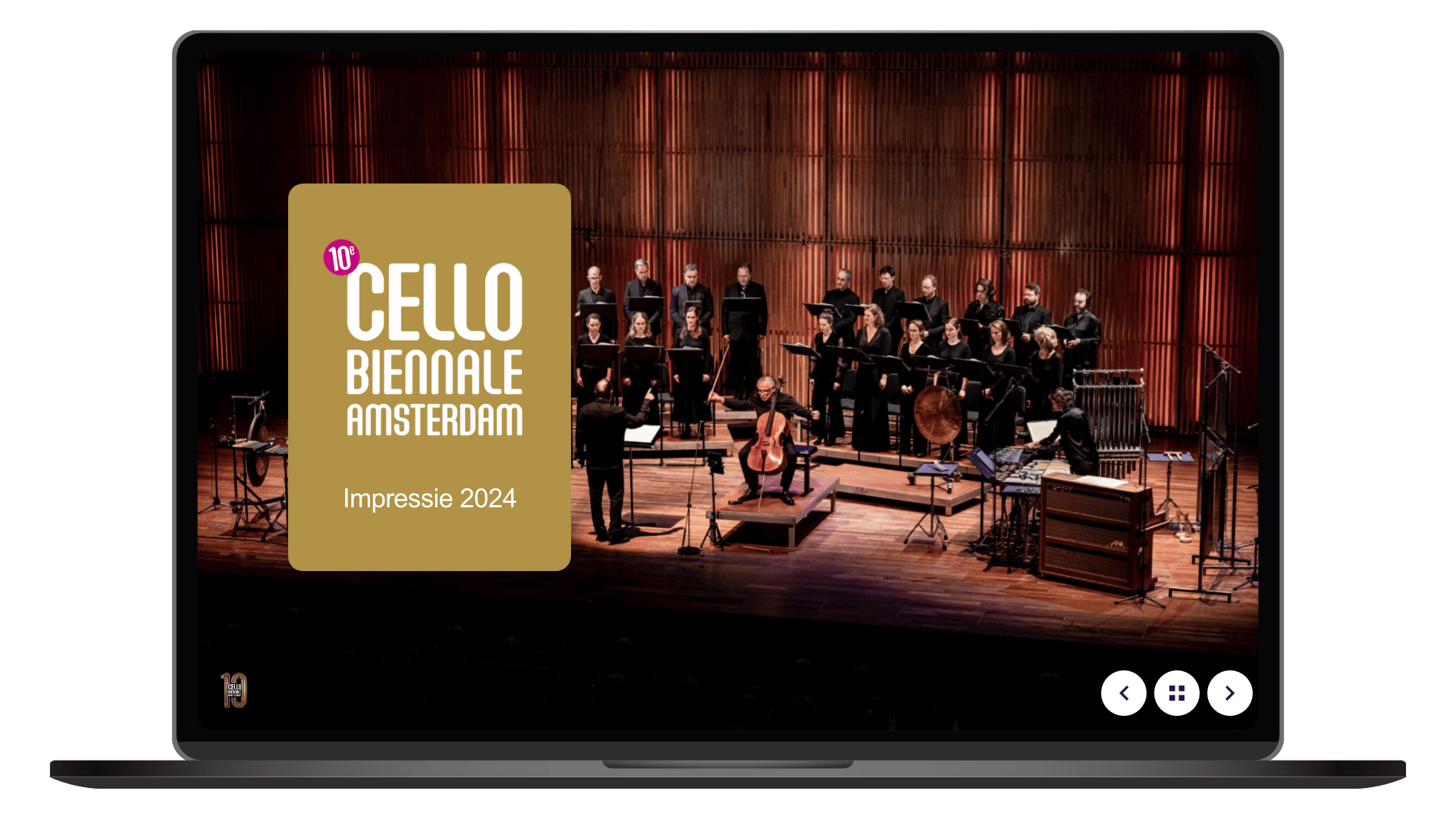 Online terugblik 2024 van Cello Biënnale op een laptop, homepage