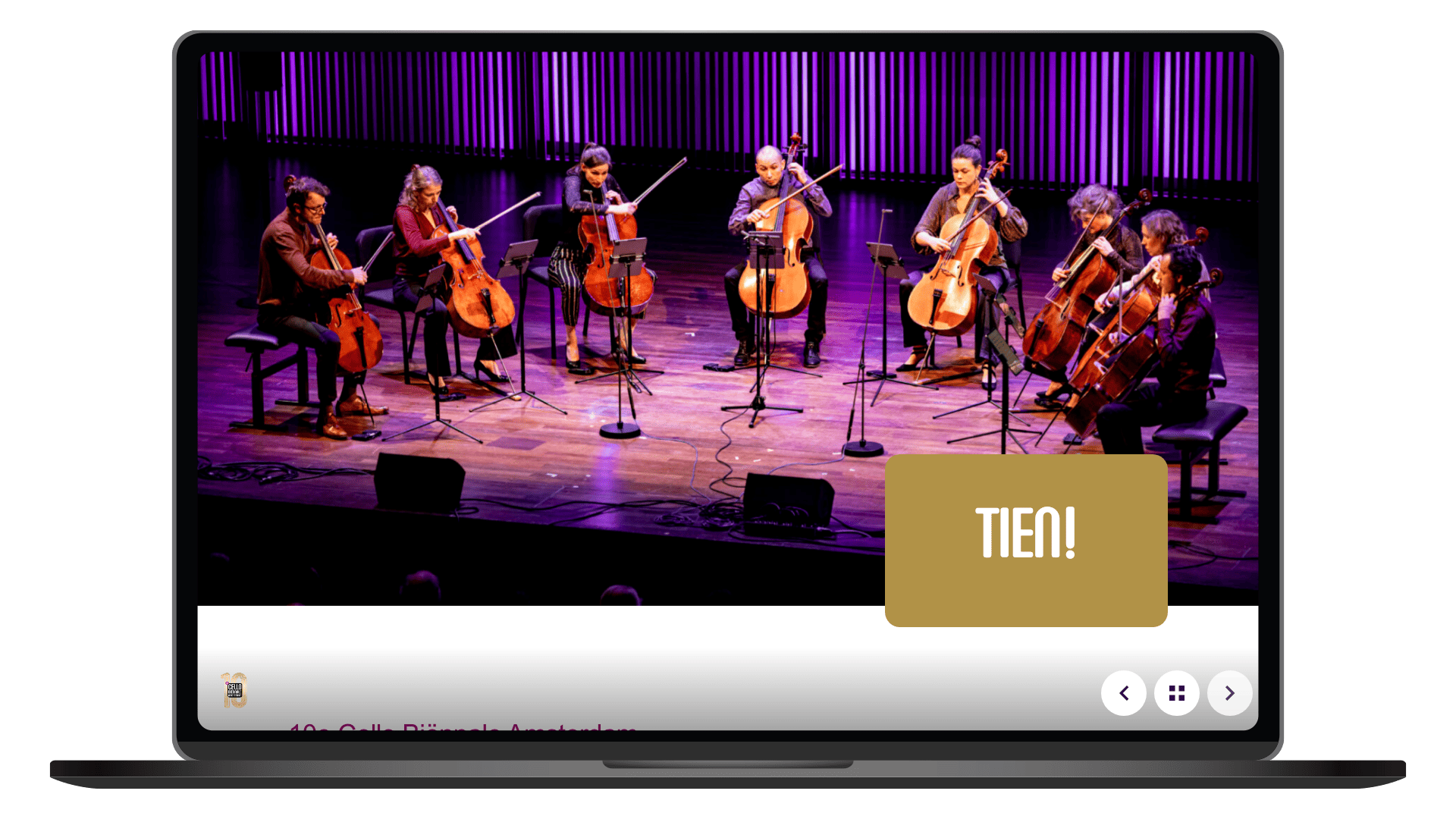Online terugblik 2024 van Cello Biënnale op een laptop, pagina 10e Cello Biënnale Amsterdam
