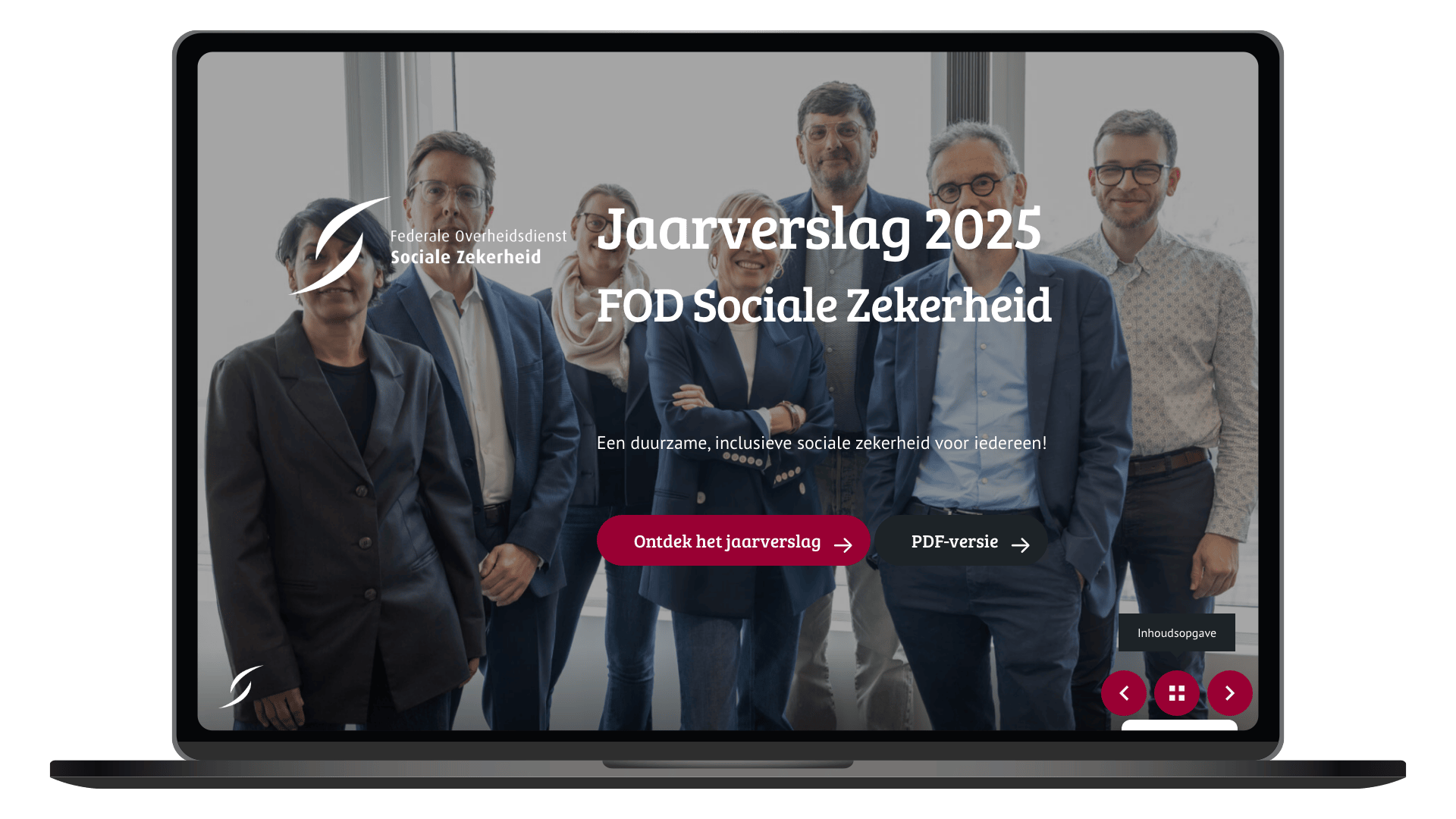 Online jaarverslag 2025 van FOD Sociale Zekerheid op een laptop, homepage