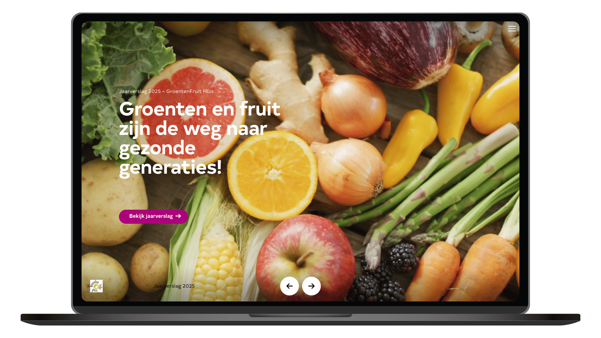 Online jaarverslag 2025 van GroentenFruit Huis op een laptop, homepage