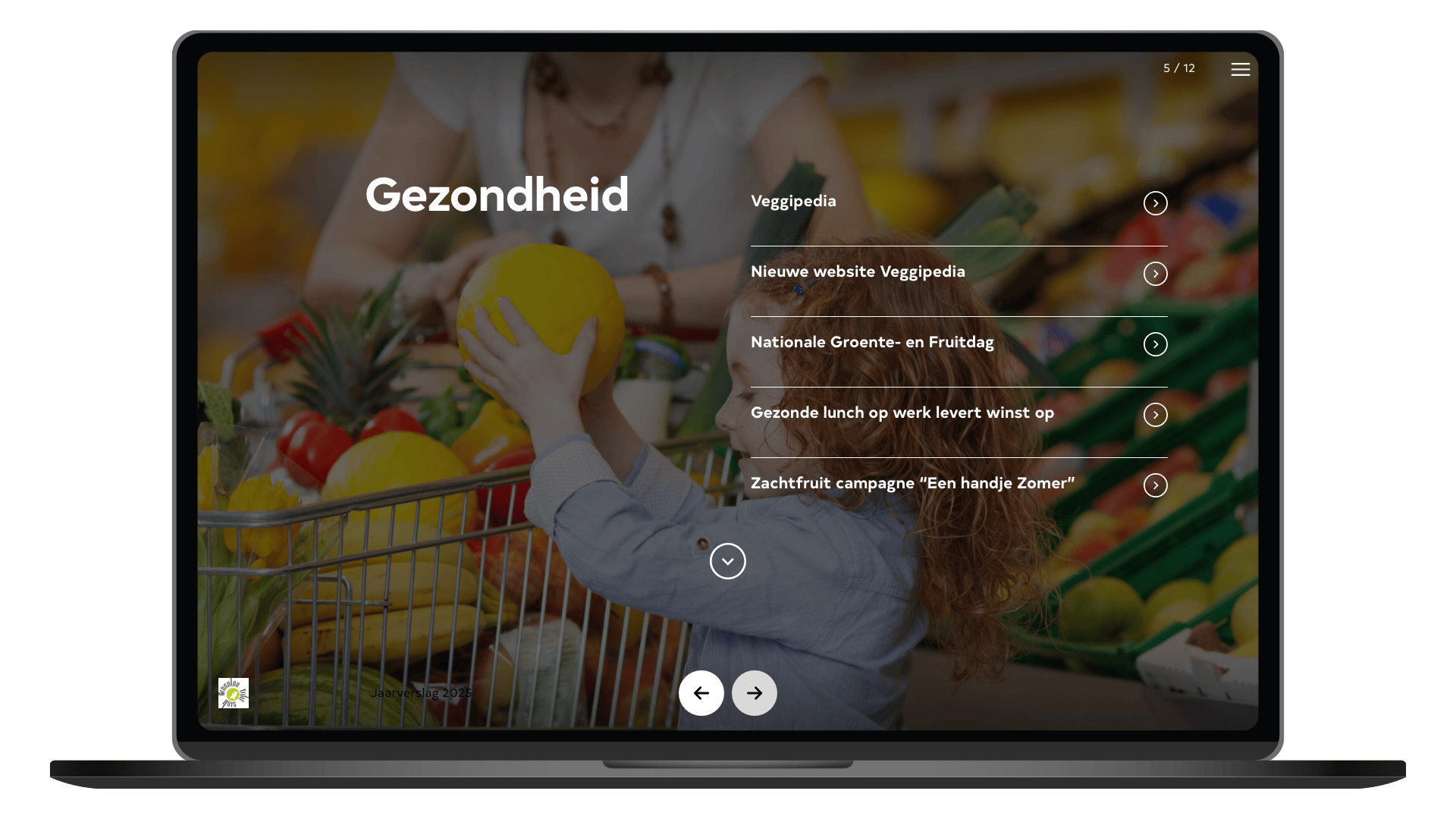 Online jaarverslag 2025 van GroentenFruit Huis op een laptop, pagina Gezondheid