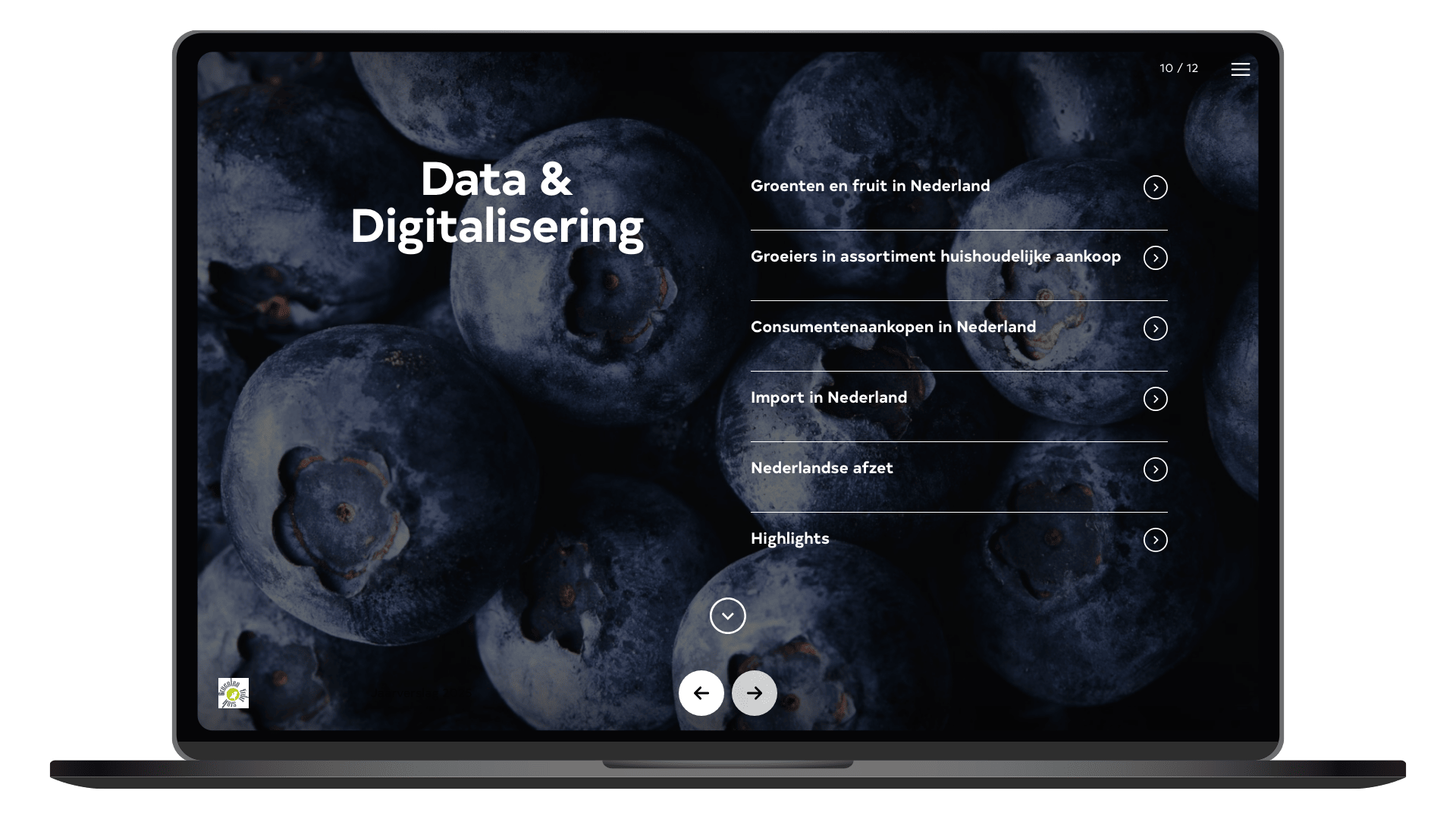 Online jaarverslag 2025 van GroentenFruit Huis op een laptop, pagina Data en digitalisering