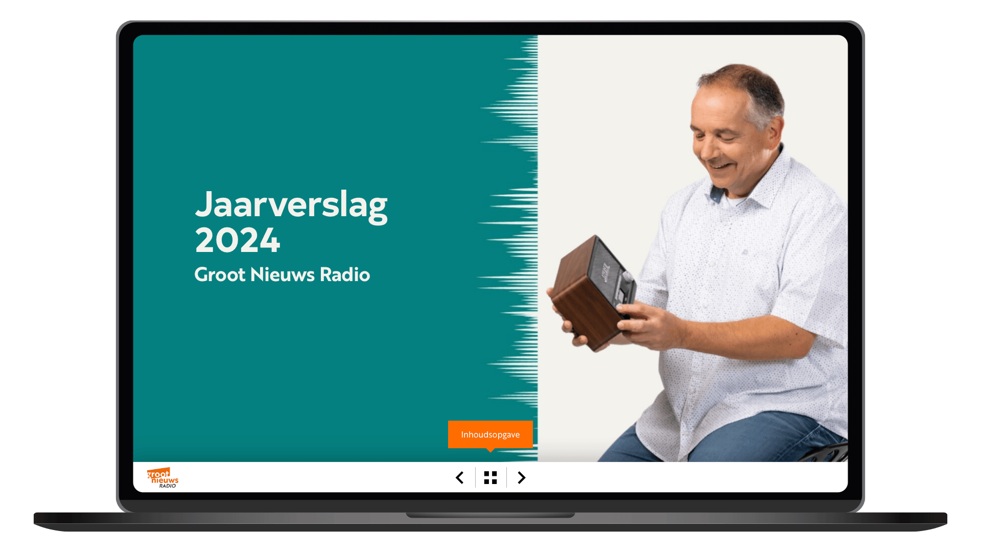 Online jaarverslag 2024 van Groot Nieuws Radio op een laptop, homepage