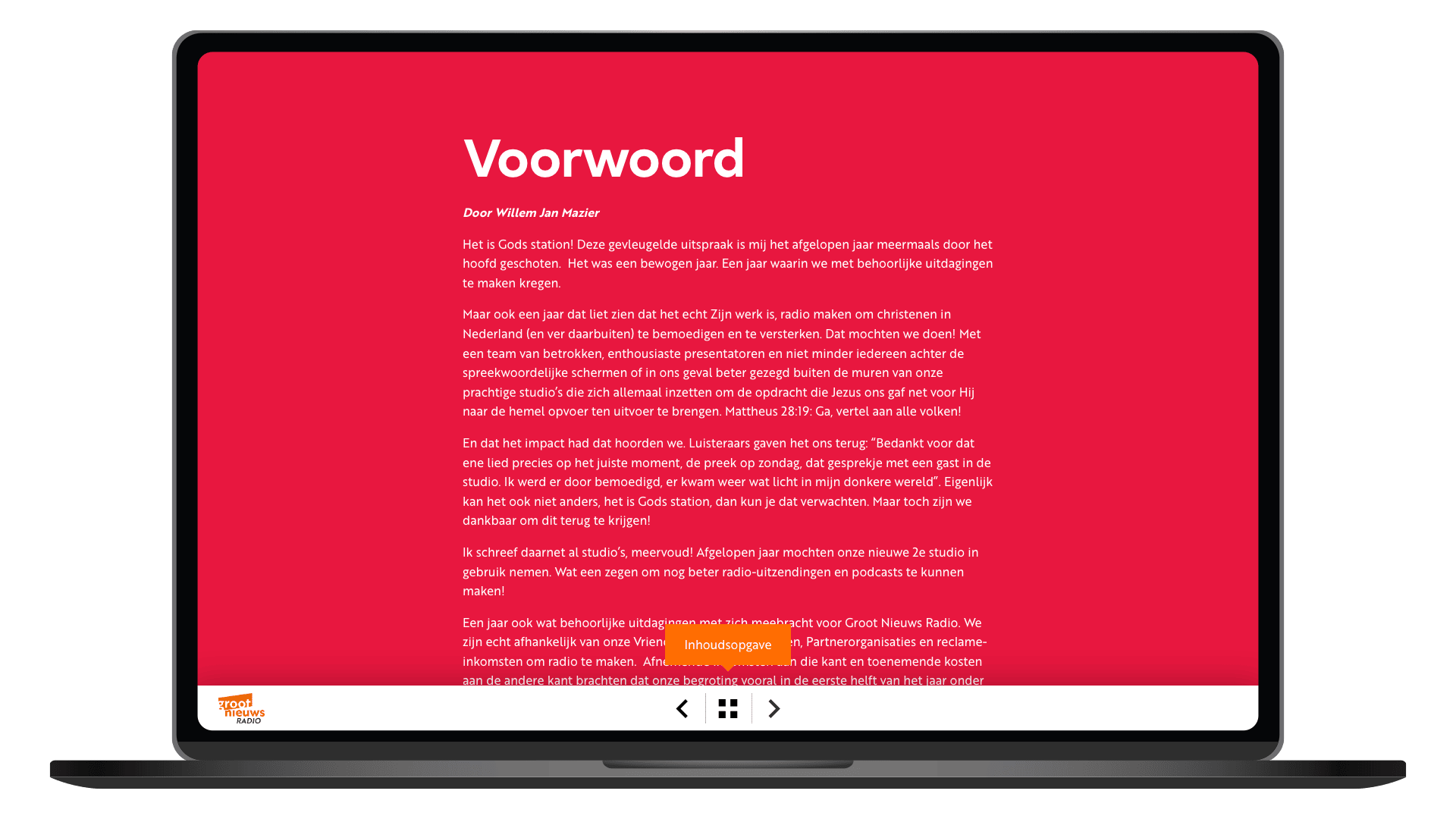 Online jaarverslag 2024 van Groot Nieuws Radio op een laptop, pagina Voorwoord