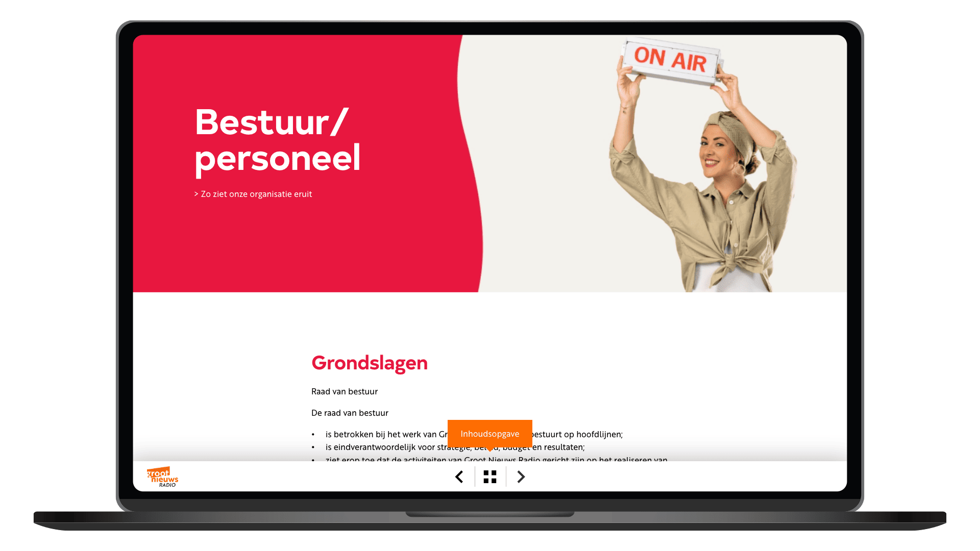 Online jaarverslag 2024 van Groot Nieuws Radio op een laptop, pagina Organisatie
