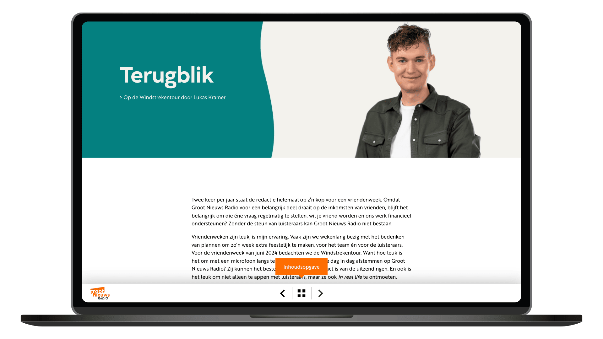 Online jaarverslag 2024 van Groot Nieuws Radio op een laptop, pagina Terugblik