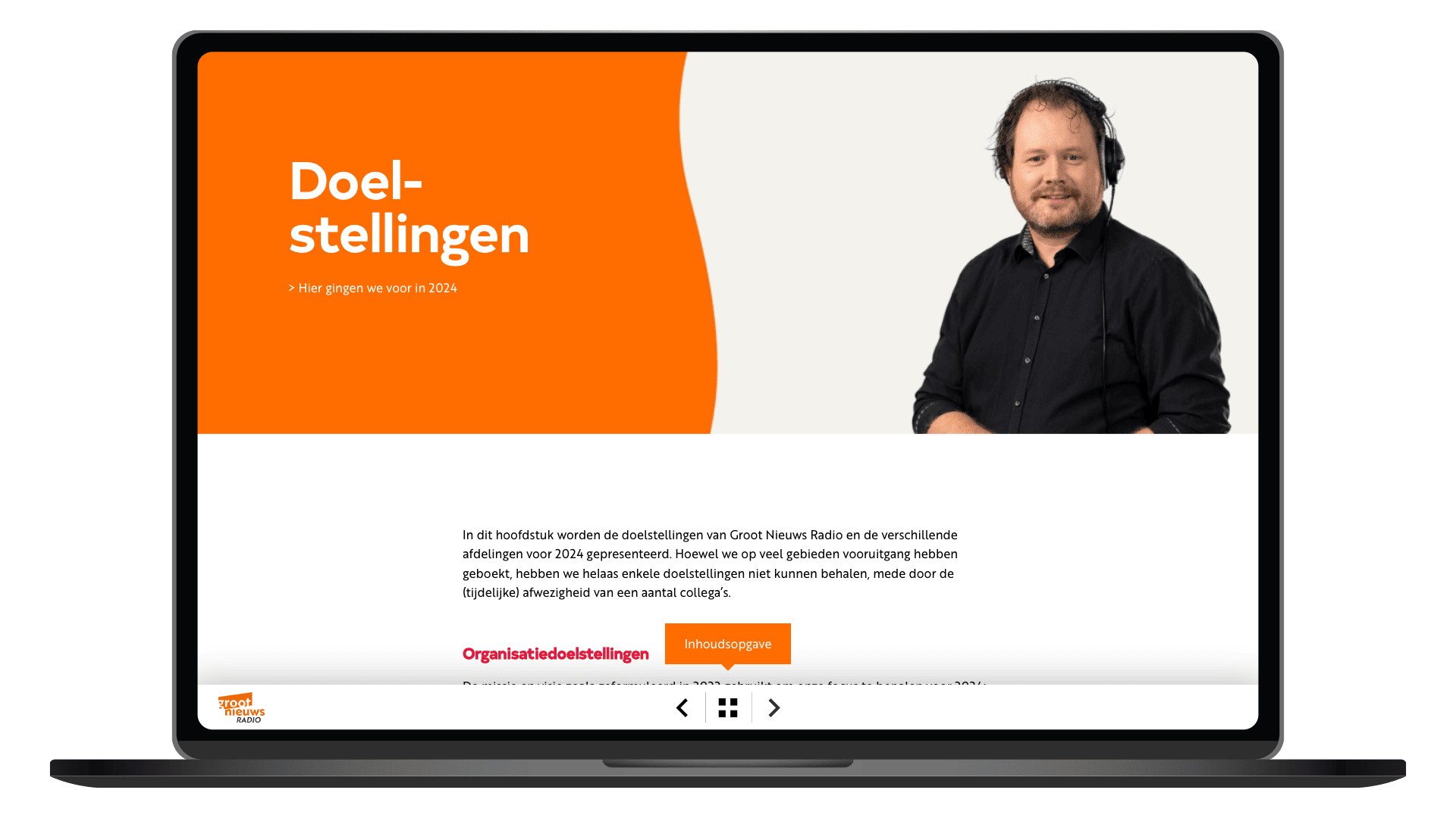 Online jaarverslag 2024 van Groot Nieuws Radio op een laptop, pagina Doelstellingen
