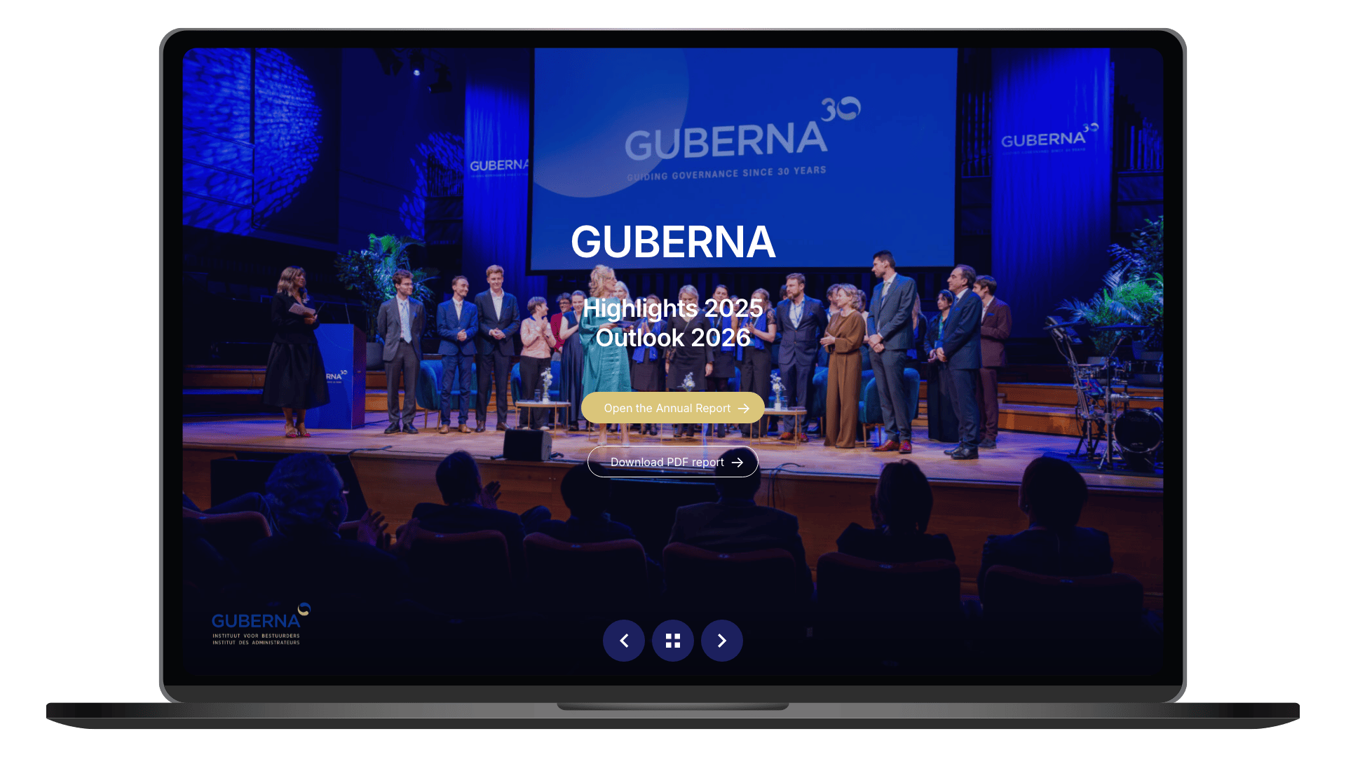 Online jaarverslag 2025 van GUBERNA op een laptop, homepage