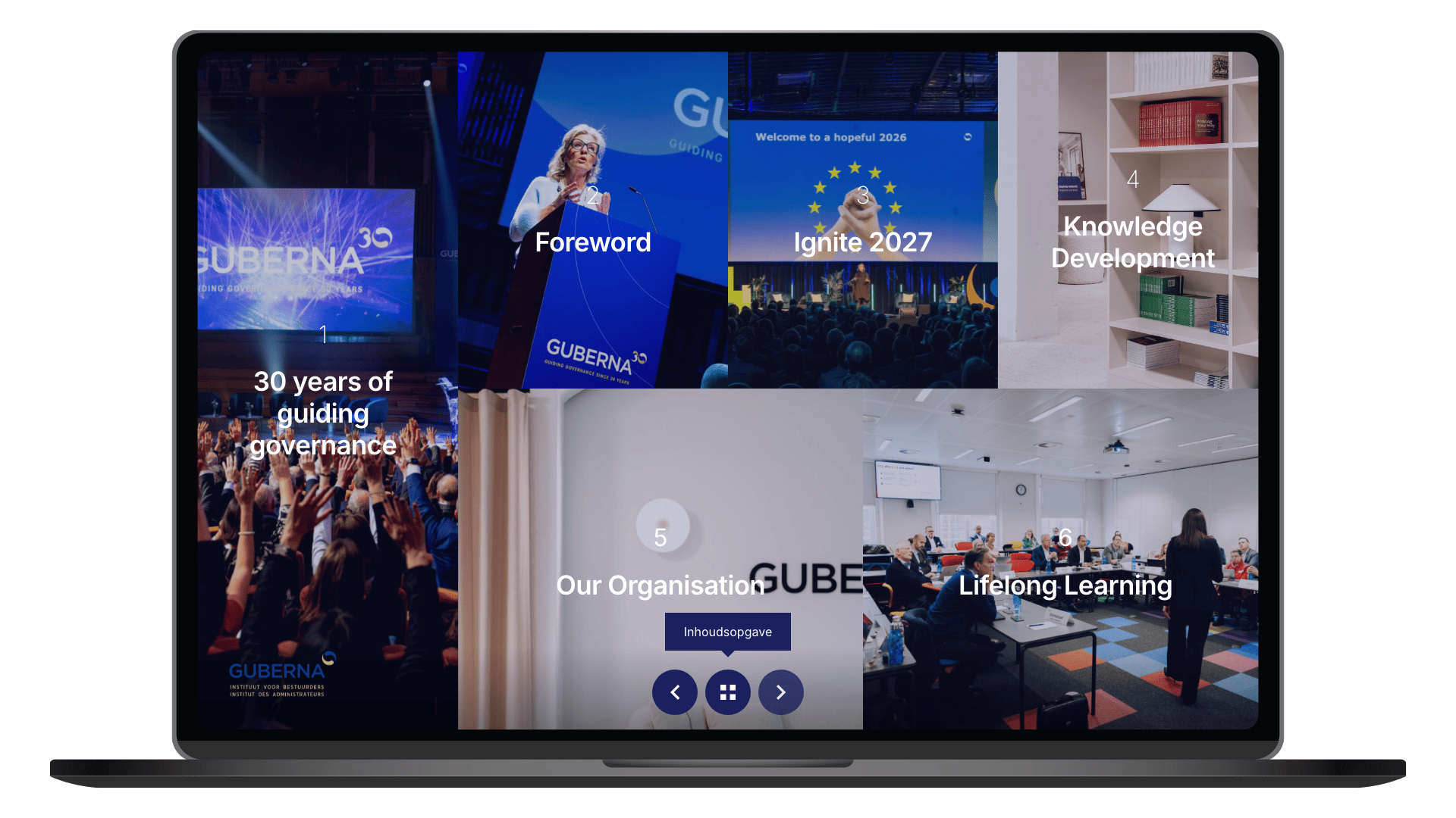 Online jaarverslag 2025 van GUBERNA op een laptop, pagina Overview