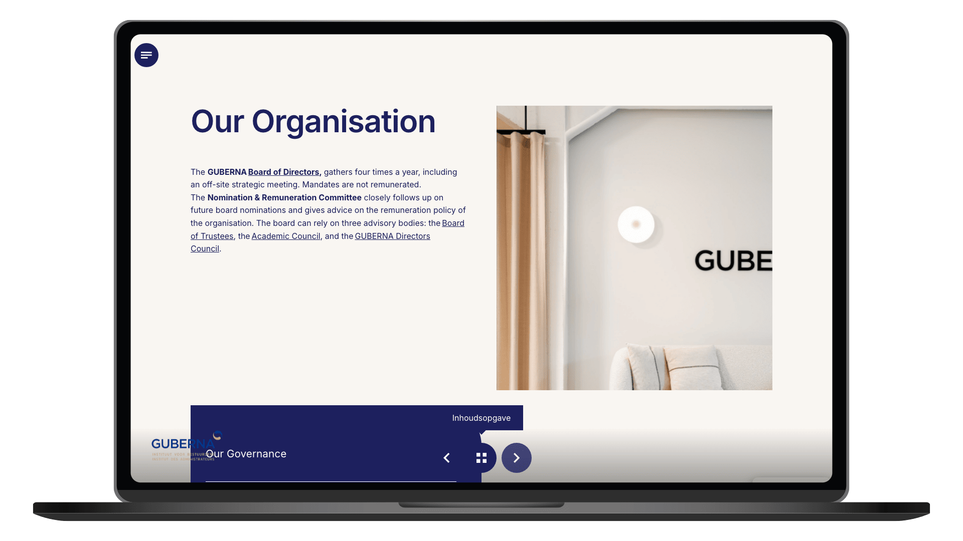 Online jaarverslag 2025 van GUBERNA op een laptop, pagina Our Organisation