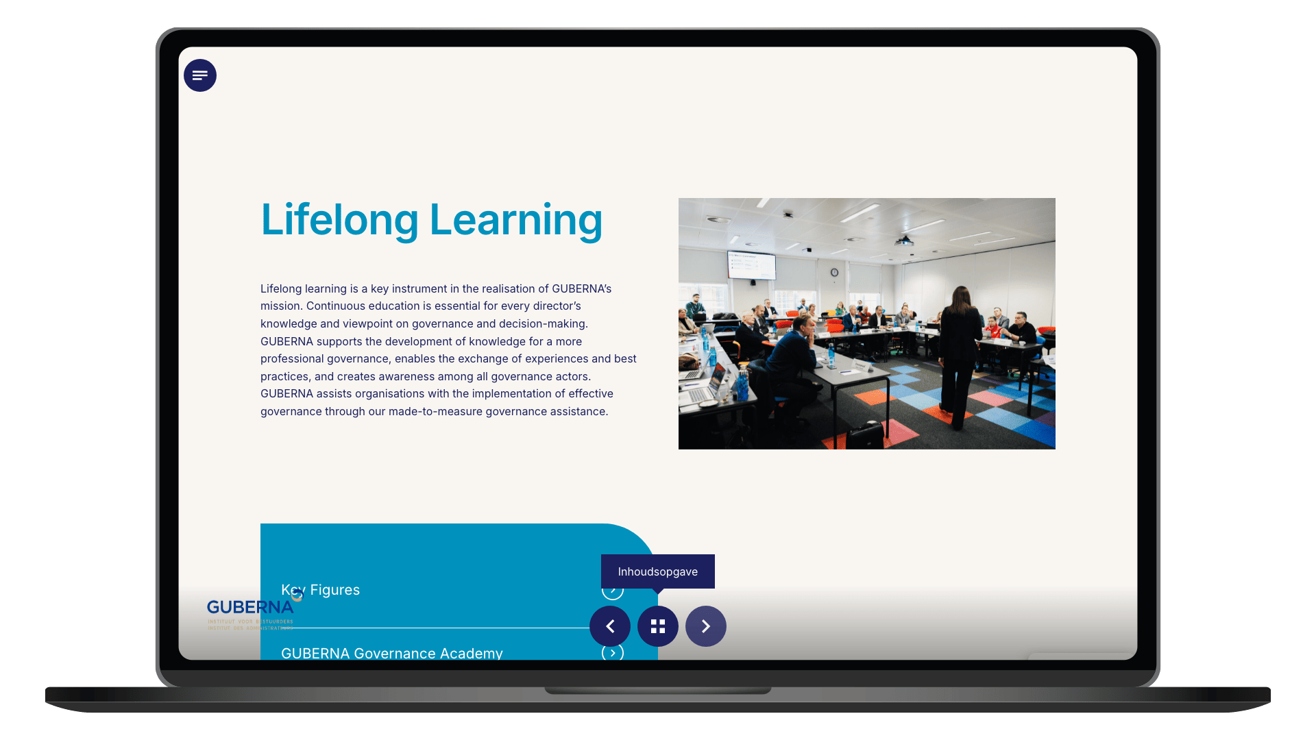 Online jaarverslag 2025 van GUBERNA op een laptop, pagina Lifelong Learning