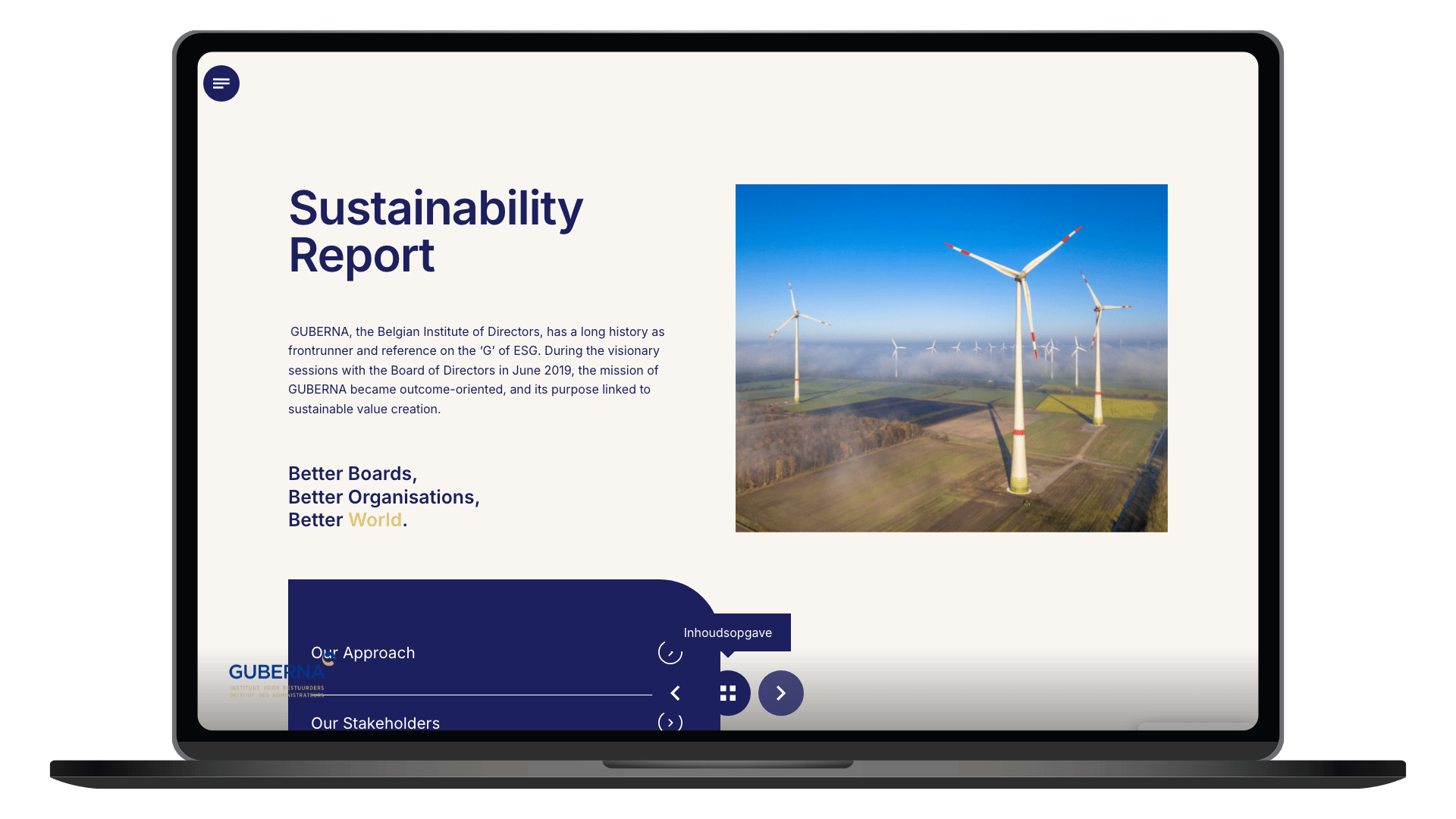 Online jaarverslag 2025 van GUBERNA op een laptop, pagina Sustainability Report