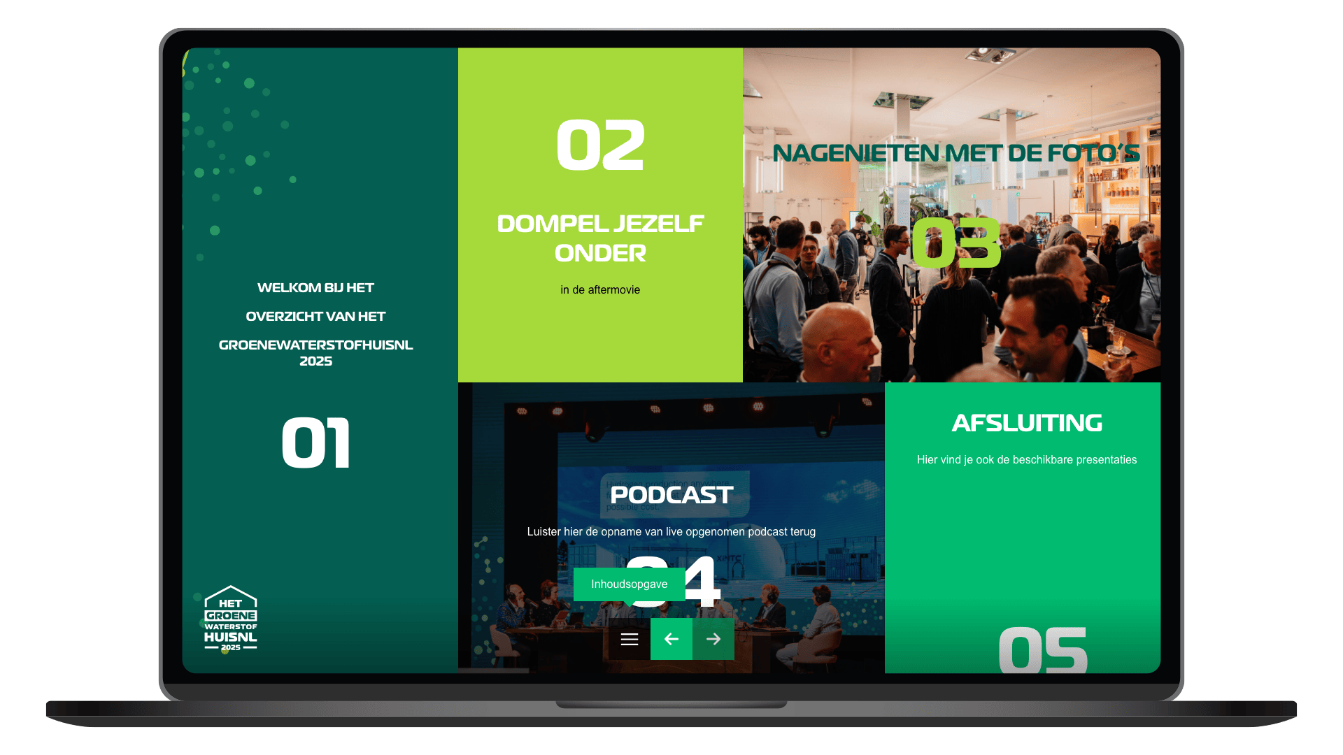 Online terugblik 2025 van Het Groene WaterstofHuisNL op een laptop, pagina Overzicht