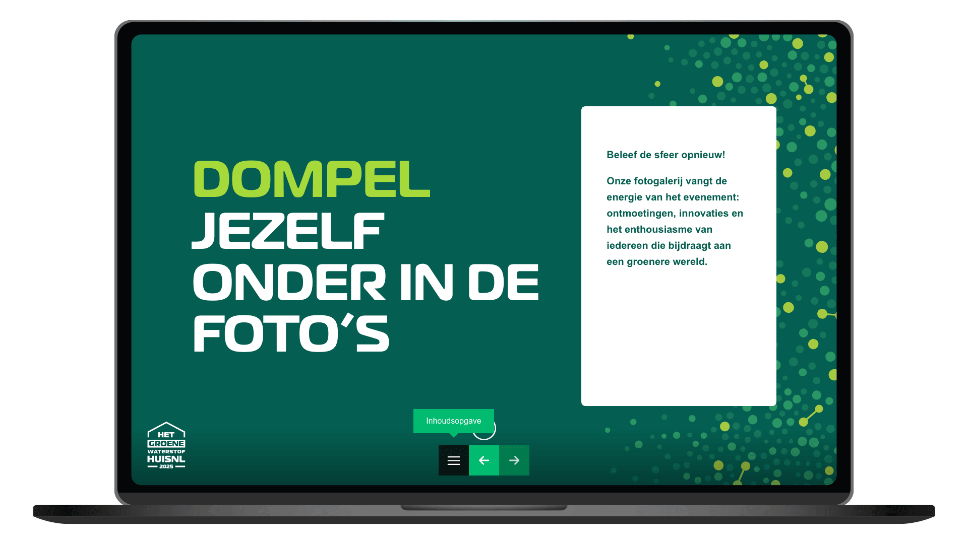 Online terugblik 2025 van Het Groene WaterstofHuisNL op een laptop, pagina Podcast en afsluiting