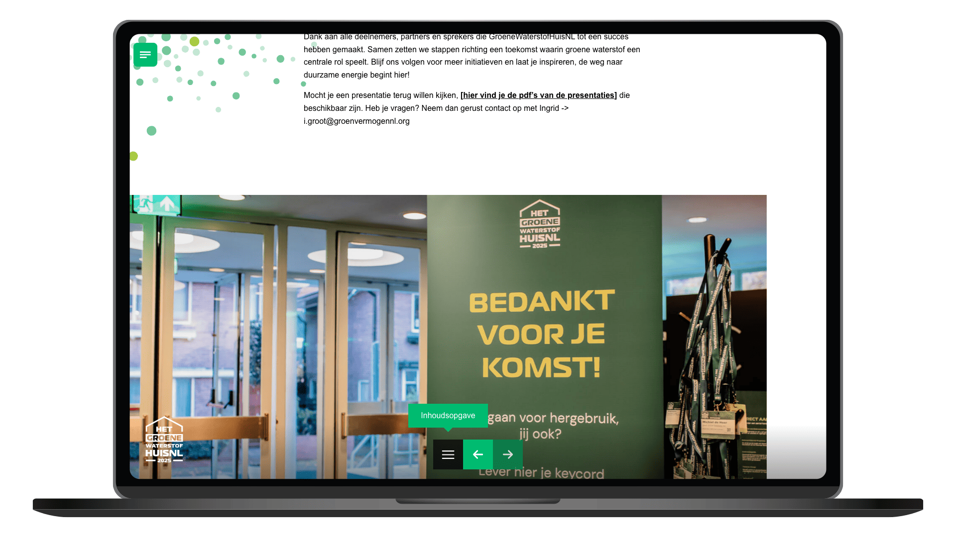 Online terugblik 2025 van Het Groene WaterstofHuisNL op een laptop, pagina Bedankt voor je komst
