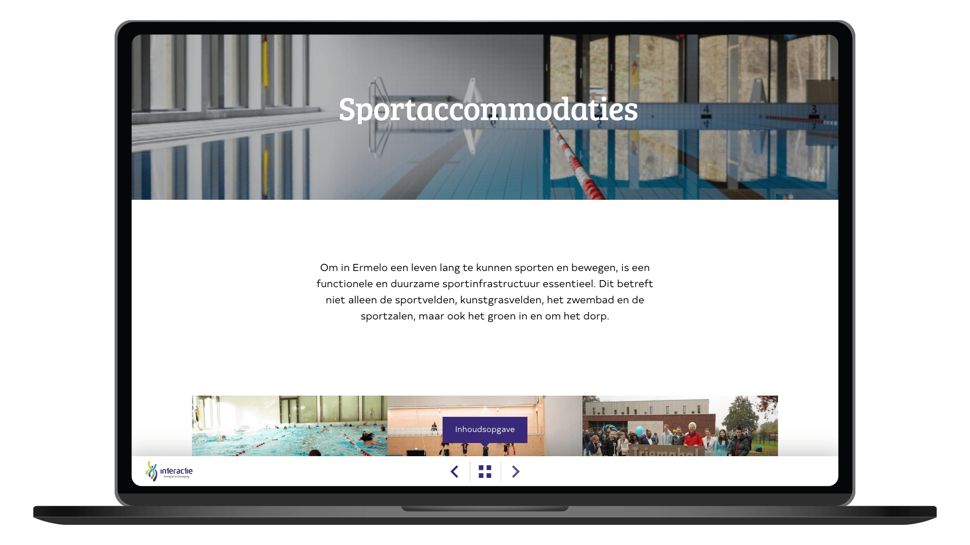 Online maatschappelijk jaaroverzicht 2025 van Interactie Ermelo op een laptop, pagina Sportaccommodaties