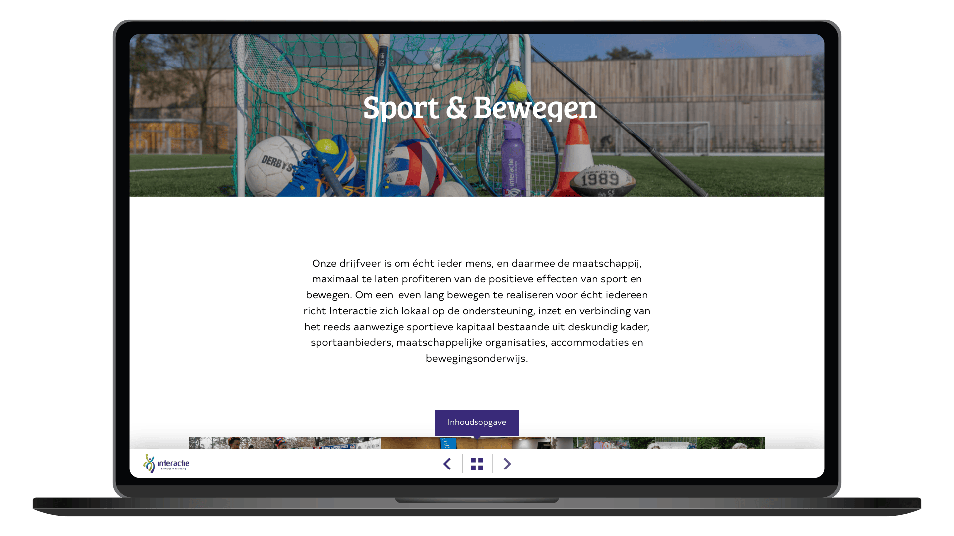 Online maatschappelijk jaaroverzicht 2025 van Interactie Ermelo op een laptop, pagina Sport en bewegen in Ermelo