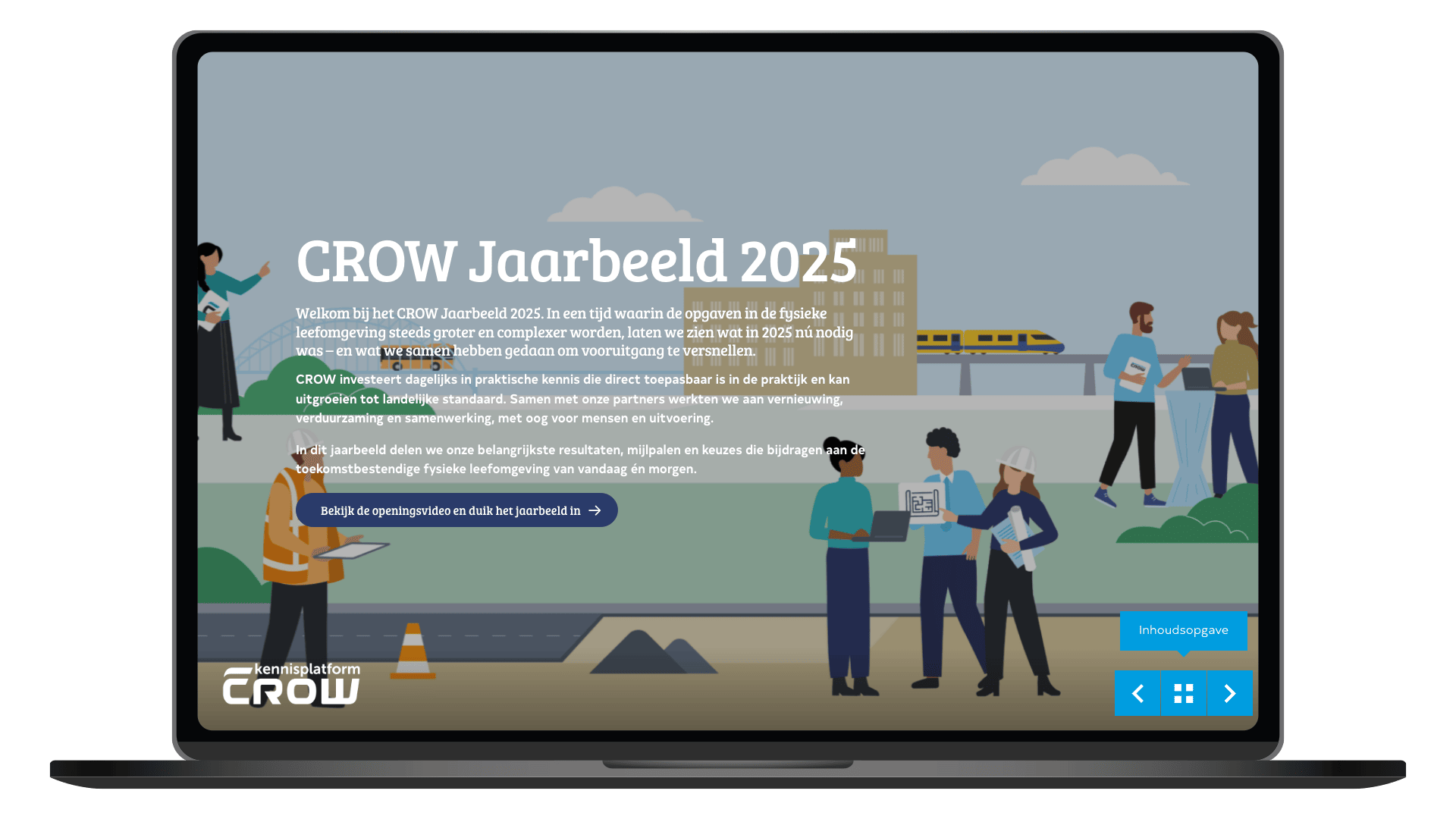 Online jaarbeeld 2025 van Kennisplatform CROW op een laptop, homepage