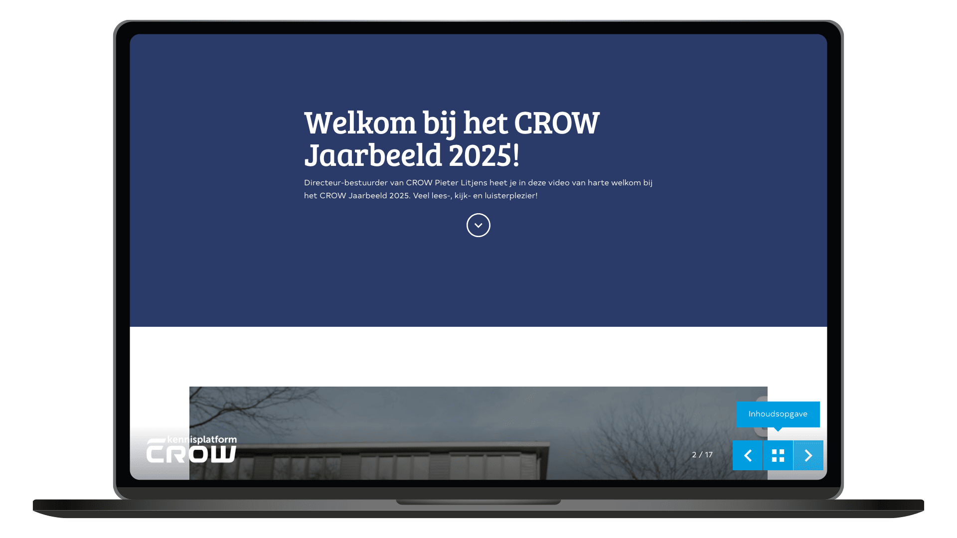 Online jaarbeeld 2025 van Kennisplatform CROW op een laptop, pagina Welkom