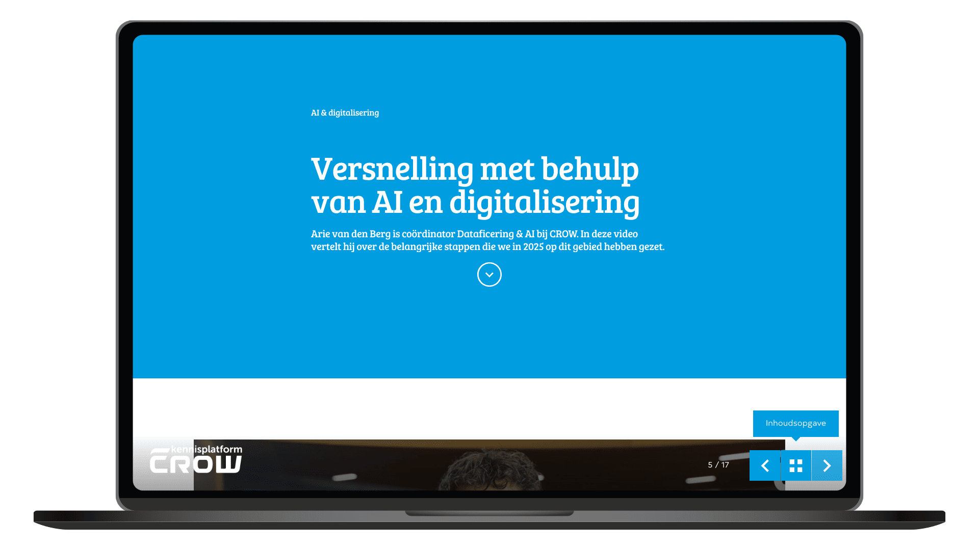 Online jaarbeeld 2025 van Kennisplatform CROW op een laptop, pagina Digitalisering en AI