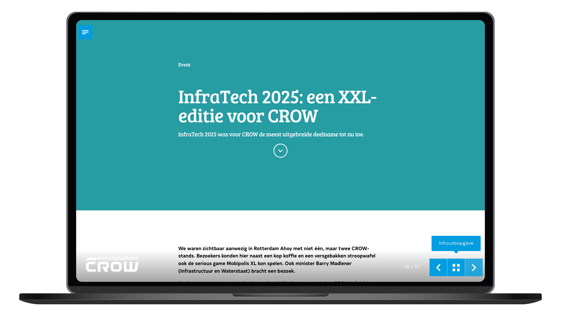 Online jaarbeeld 2025 van Kennisplatform CROW op een laptop, pagina InfraTech 2025