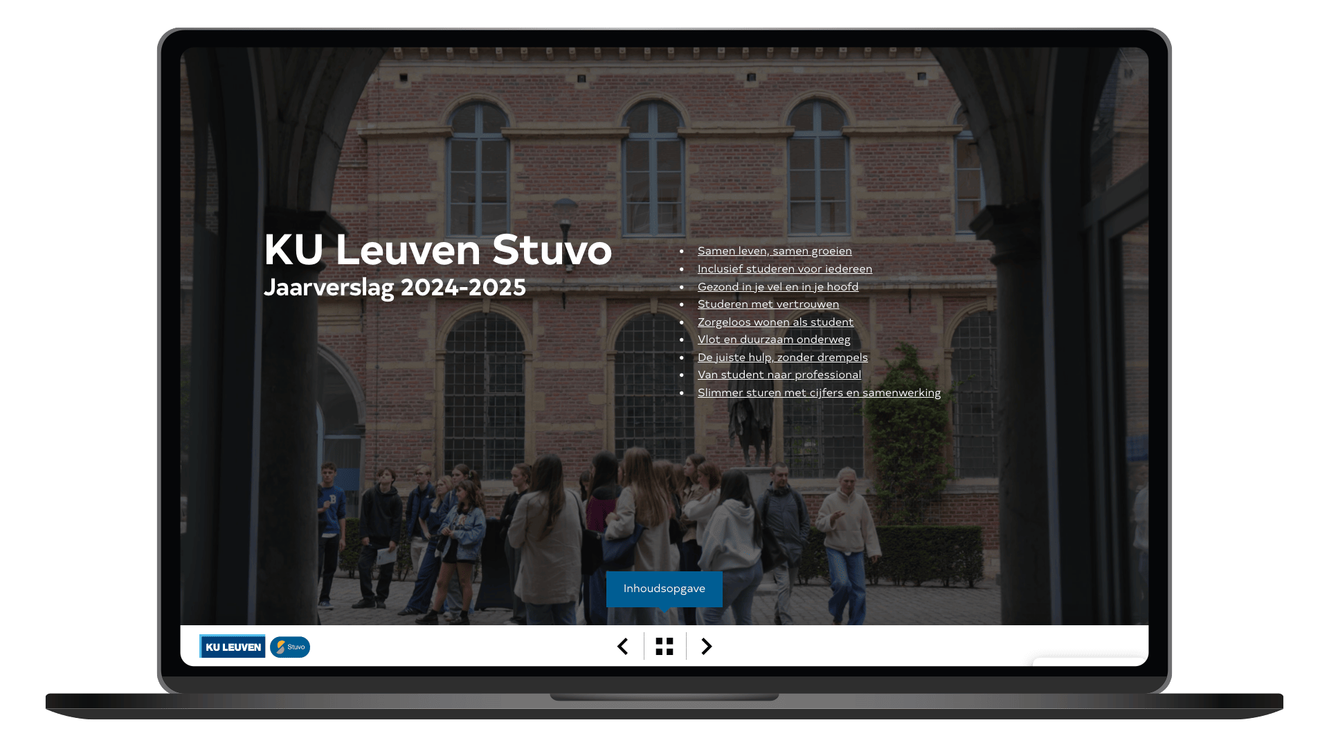 Online jaarverslag 2024-2025 van KU Leuven Stuvo op een laptop, homepage