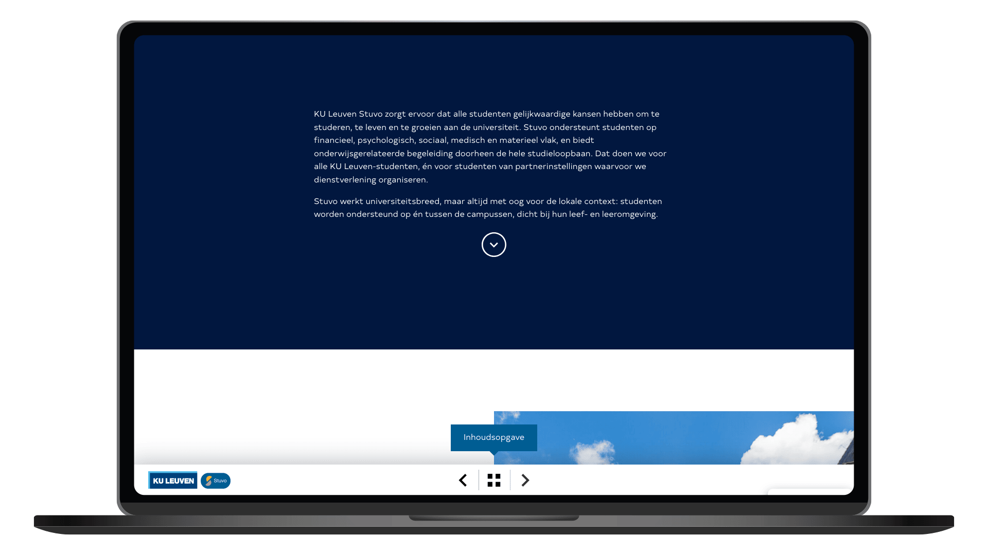 Online jaarverslag 2024-2025 van KU Leuven Stuvo op een laptop, pagina Jij studeert, wij ondersteunen