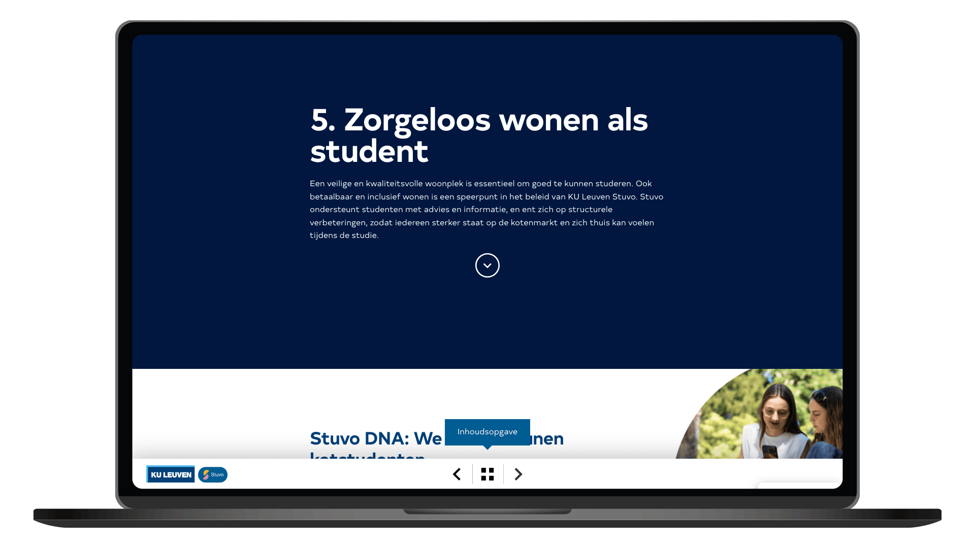 Online jaarverslag 2024-2025 van KU Leuven Stuvo op een laptop, pagina Zorgeloos wonen als student