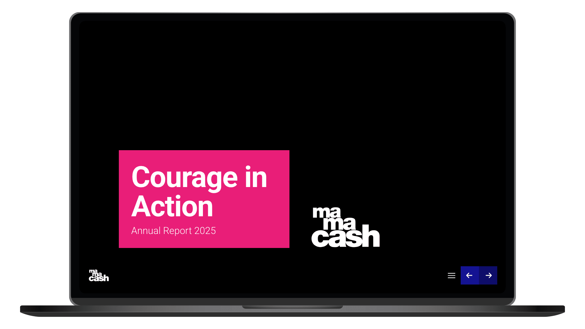 Online Annual Report 2025 van Mama Cash op een laptop, homepage