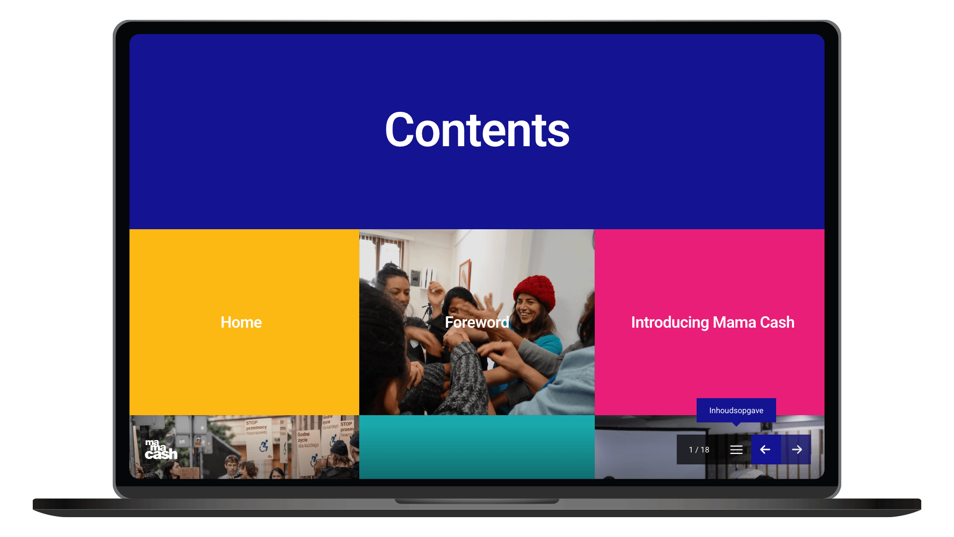 Online Annual Report 2025 van Mama Cash op een laptop, pagina Contents