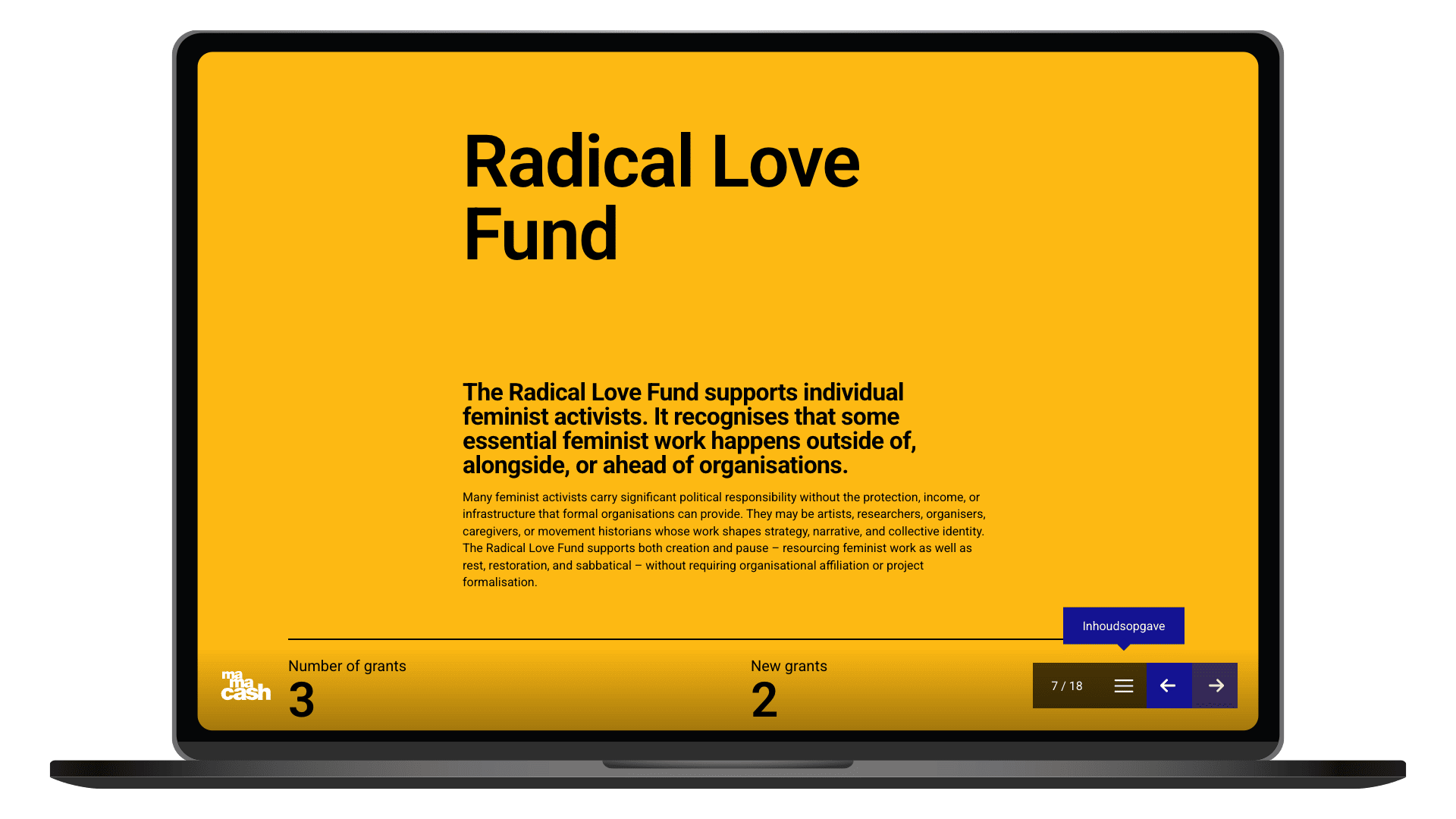 Online Annual Report 2025 van Mama Cash op een laptop, pagina Radical Love Fund