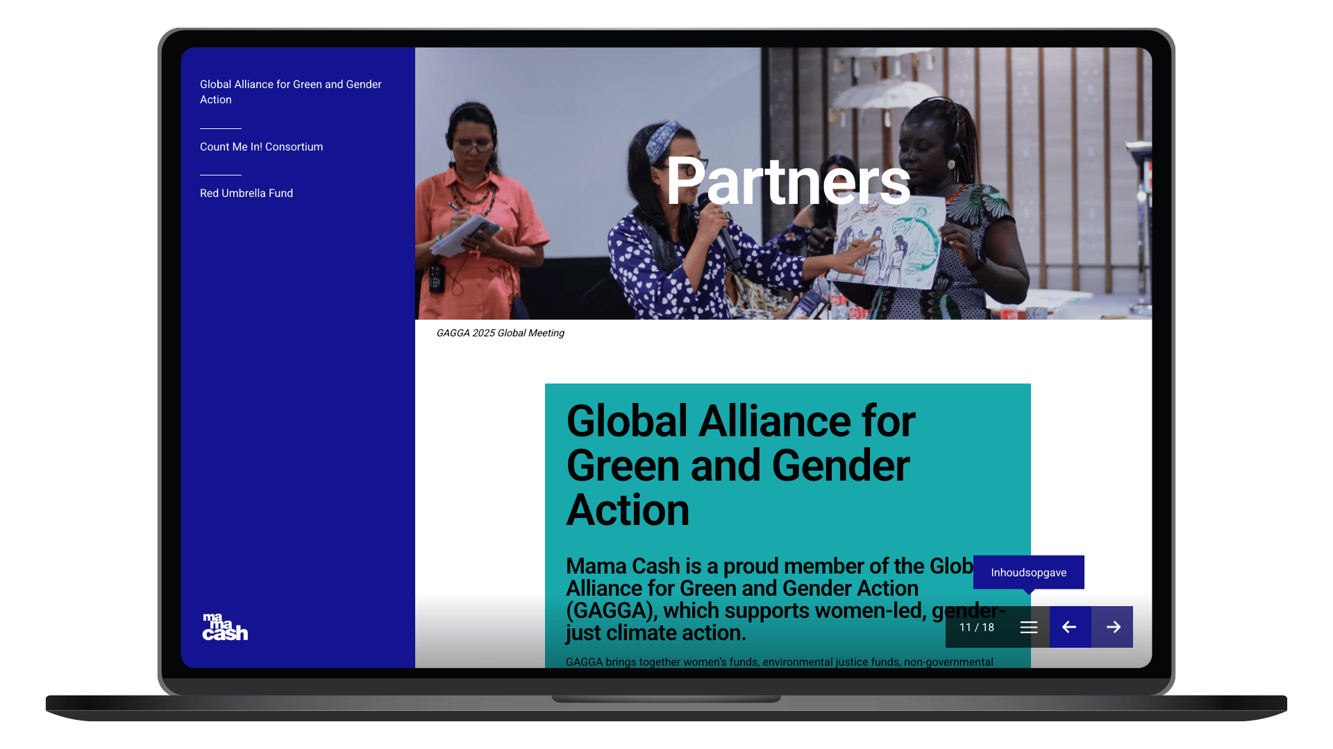 Online Annual Report 2025 van Mama Cash op een laptop, pagina Partners