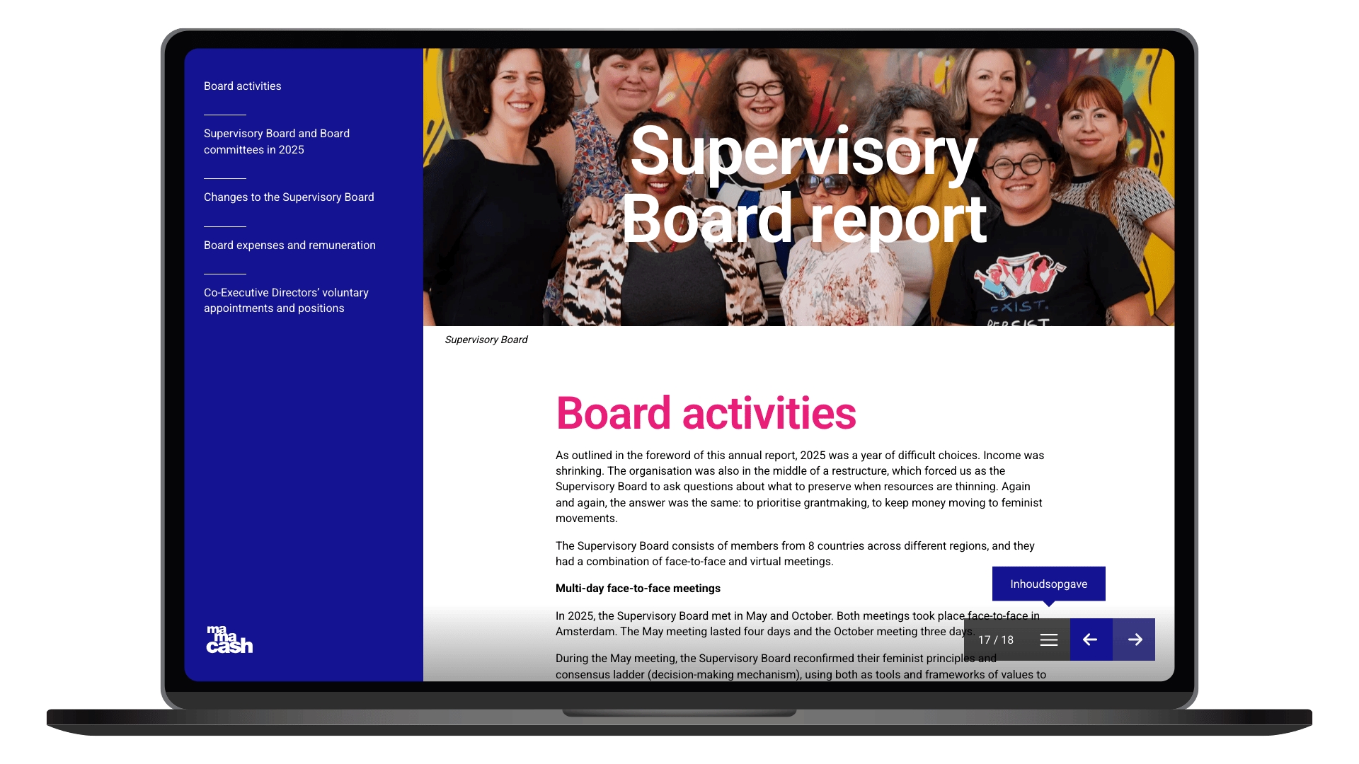 Online Annual Report 2025 van Mama Cash op een laptop, pagina Supervisory Board report