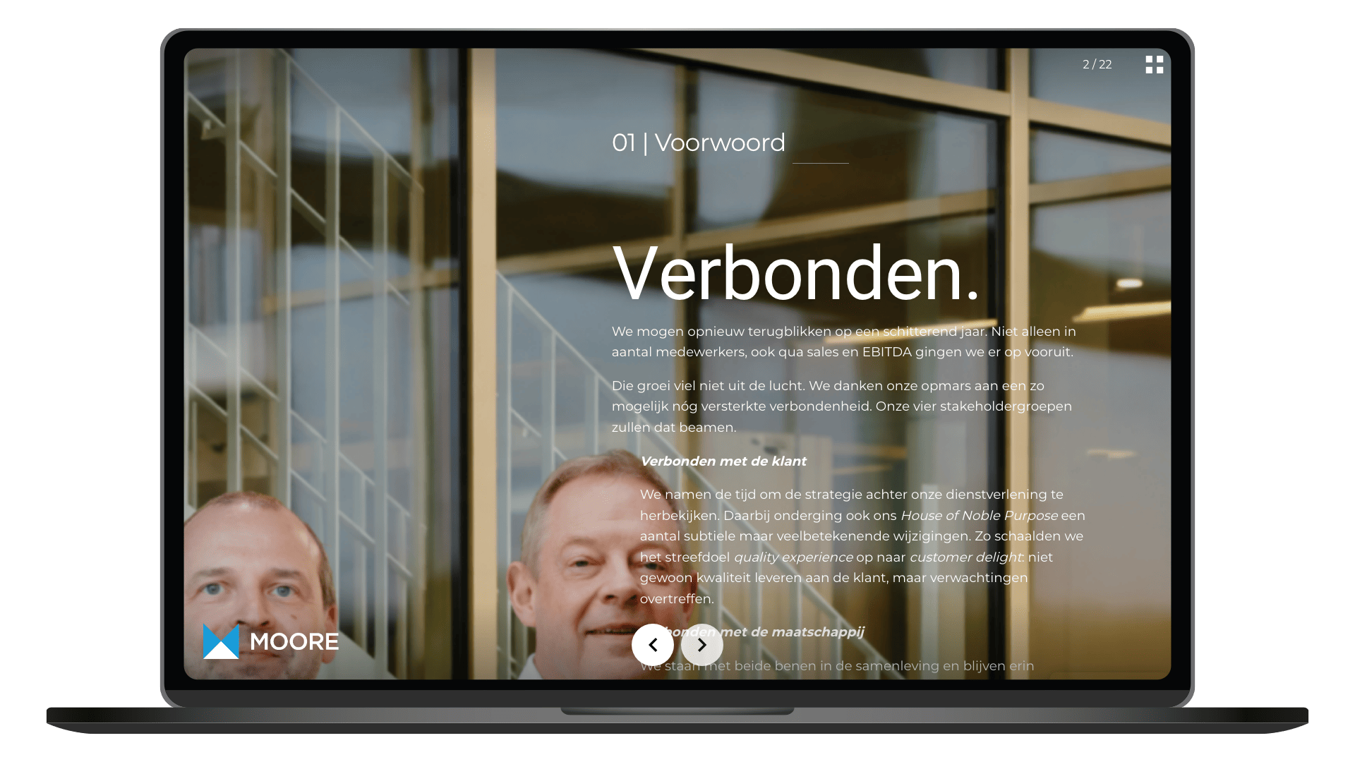Online jaarverslag 2025 van Moore Belgium op een laptop, pagina Voorwoord