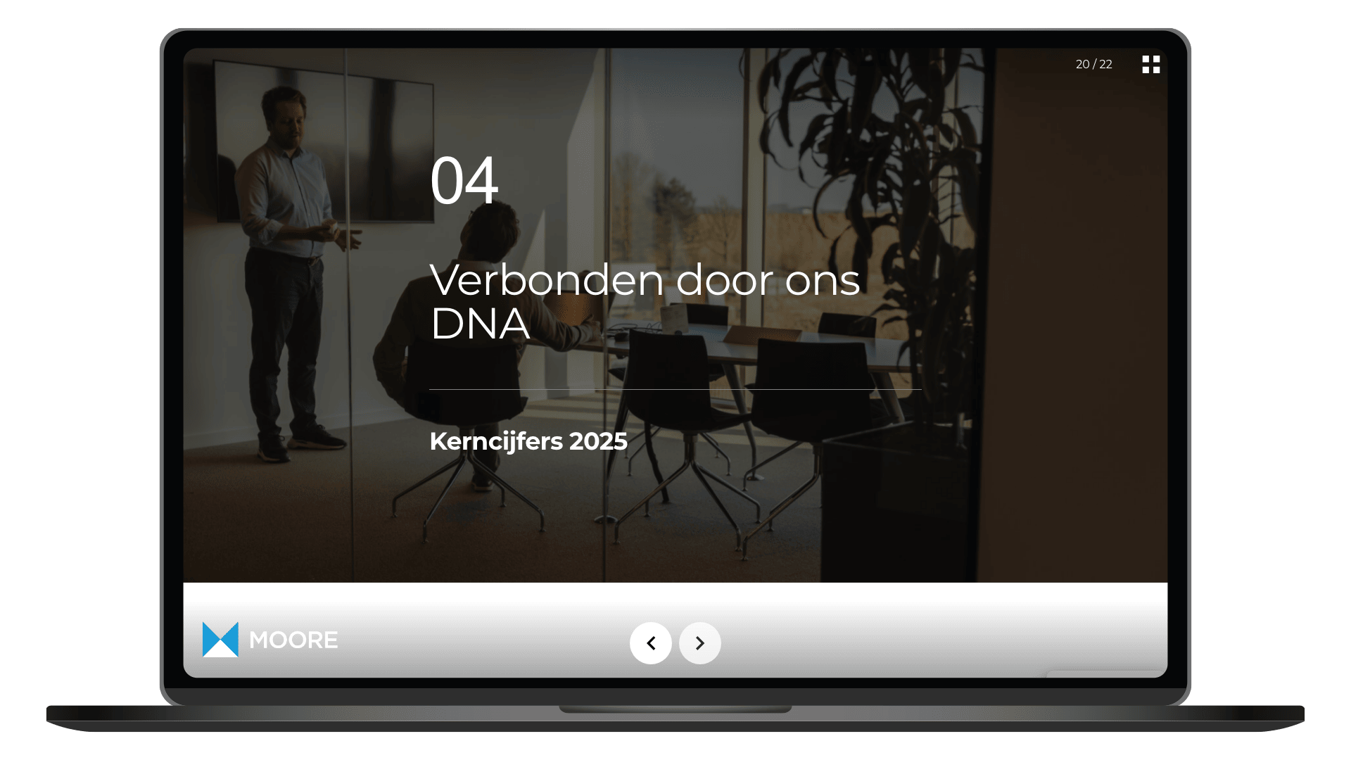 Online jaarverslag 2025 van Moore Belgium op een laptop, pagina Kerncijfers