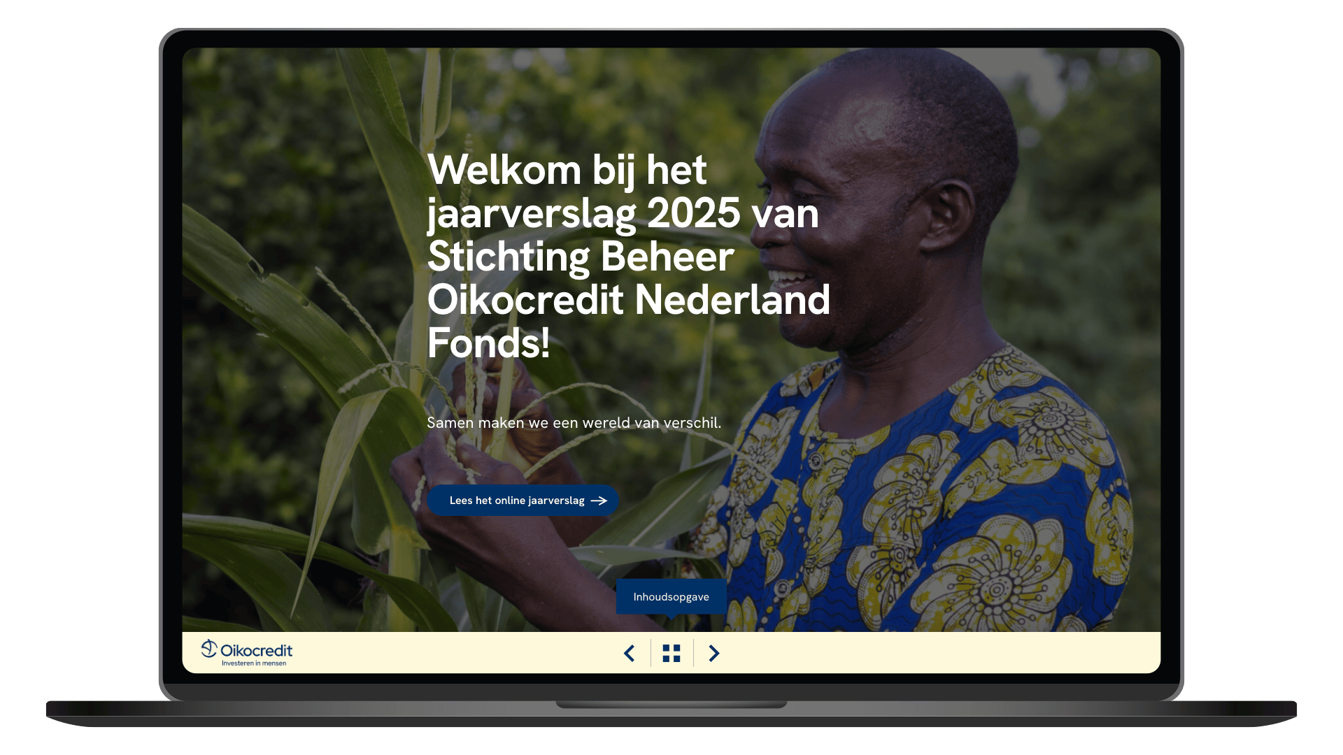 Online jaarverslag 2025 van Oikocredit Nederland op een laptop, homepage