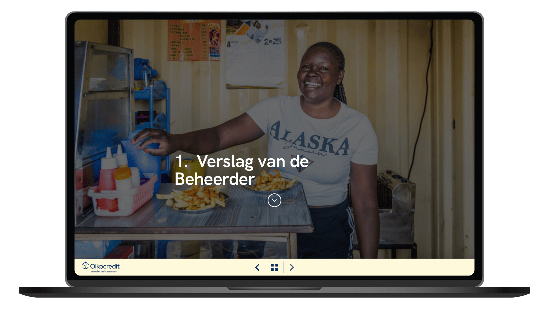 Online jaarverslag 2025 van Oikocredit Nederland op een laptop, pagina Verslag van de beheerder