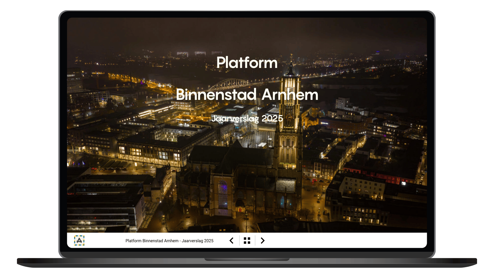 Online jaarverslag 2025 van Platform Binnenstad Arnhem op een laptop, homepage