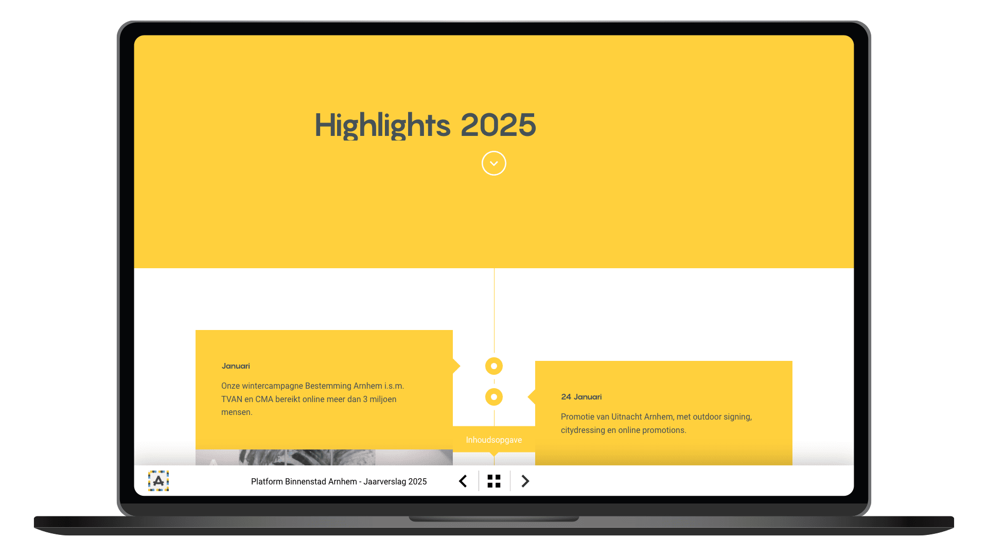Online jaarverslag 2025 van Platform Binnenstad Arnhem op een laptop, pagina Highlights