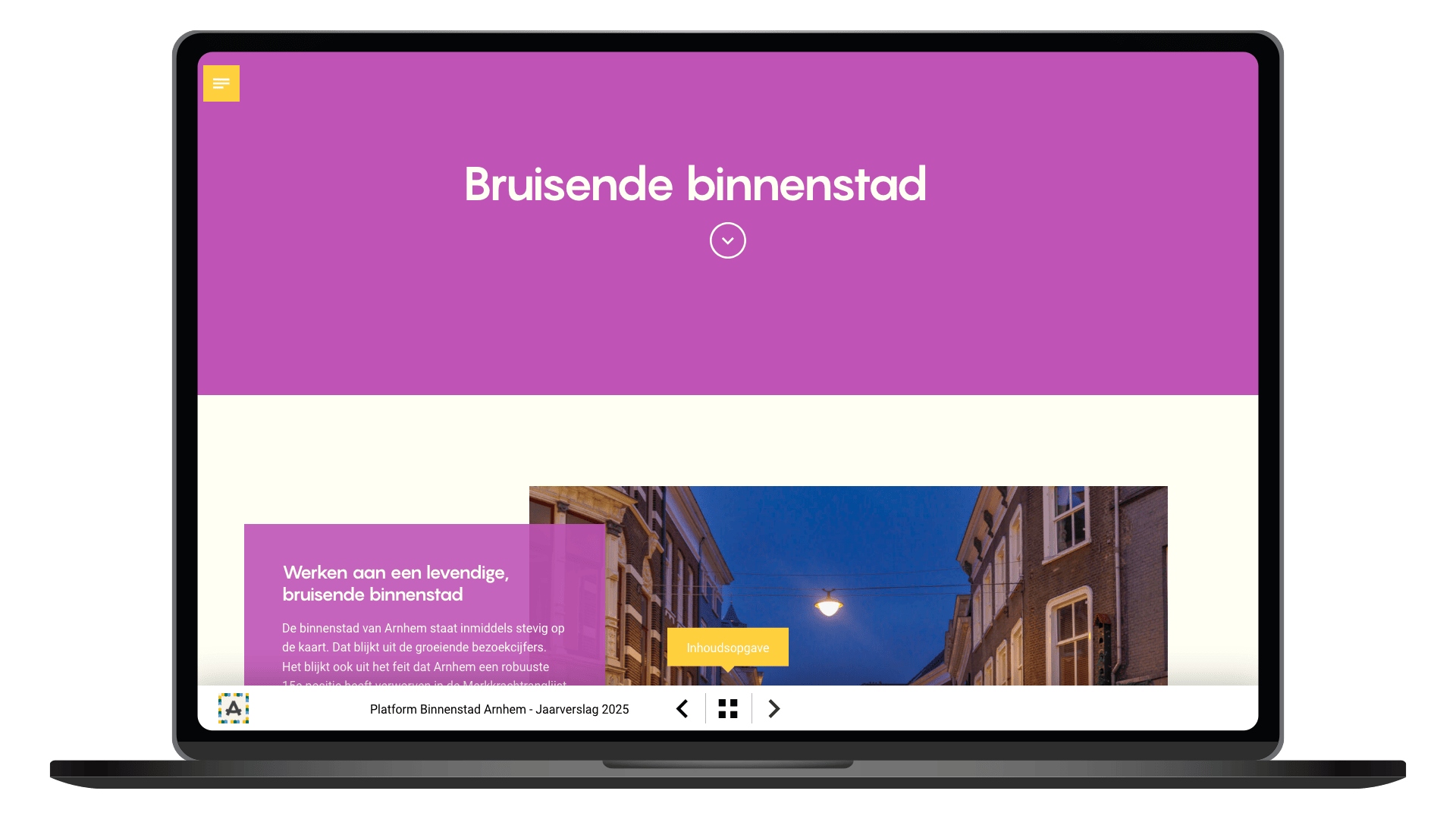 Online jaarverslag 2025 van Platform Binnenstad Arnhem op een laptop, pagina Bruisende binnenstad