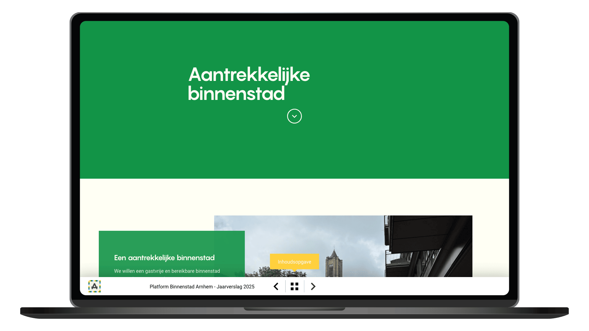 Online jaarverslag 2025 van Platform Binnenstad Arnhem op een laptop, pagina Aantrekkelijke binnenstad