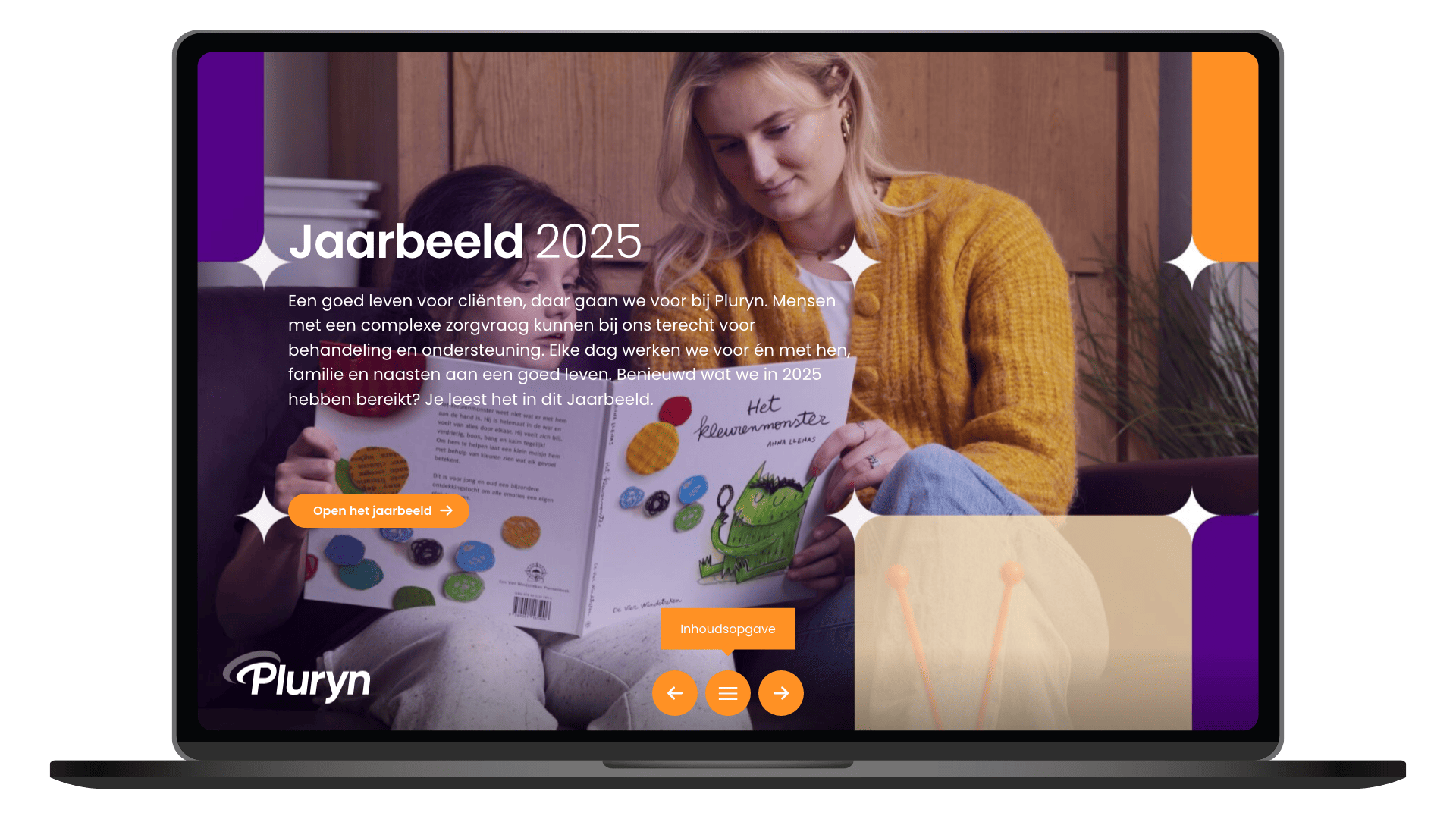 Online jaarbeeld 2025 van Pluryn op een laptop, homepage