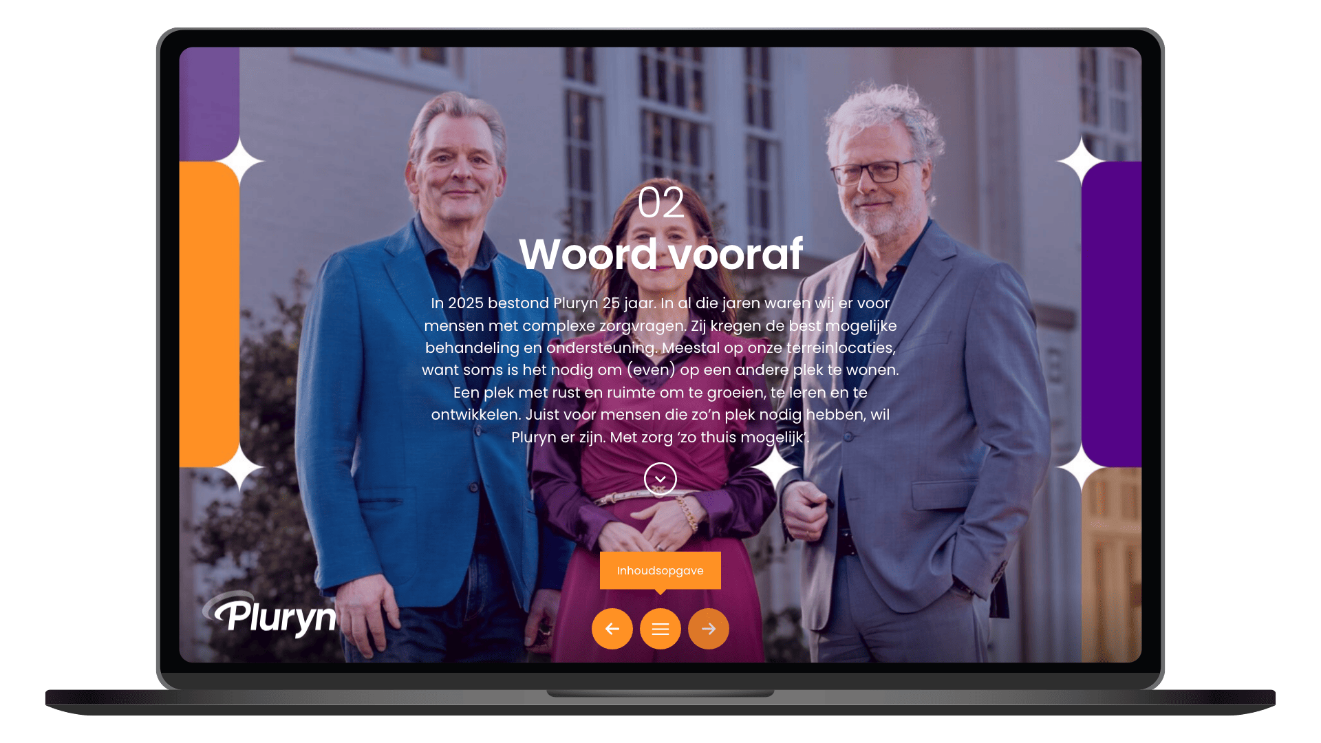 Online jaarbeeld 2025 van Pluryn op een laptop, pagina Voorwoord
