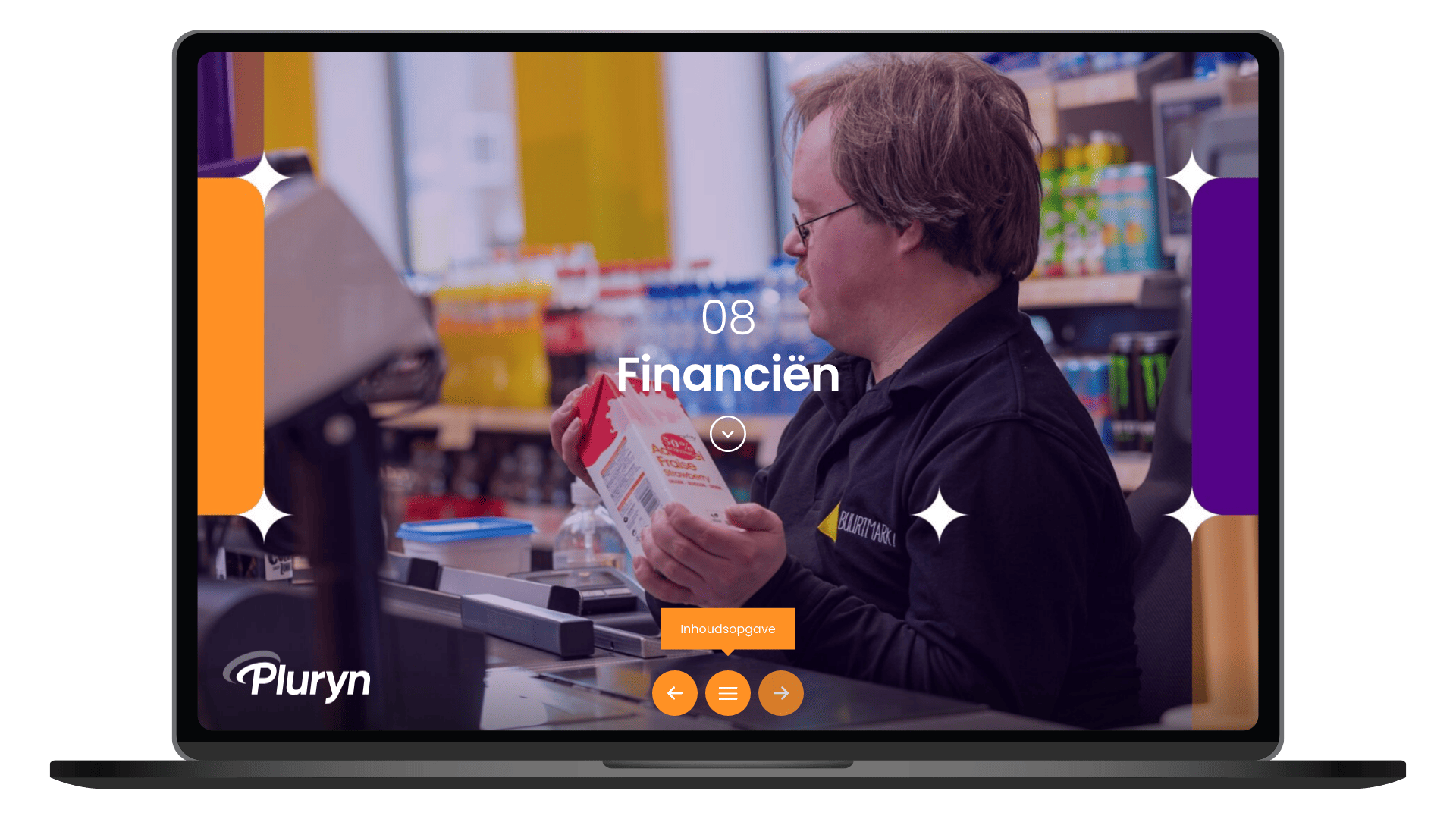 Online jaarbeeld 2025 van Pluryn op een laptop, pagina Financiën