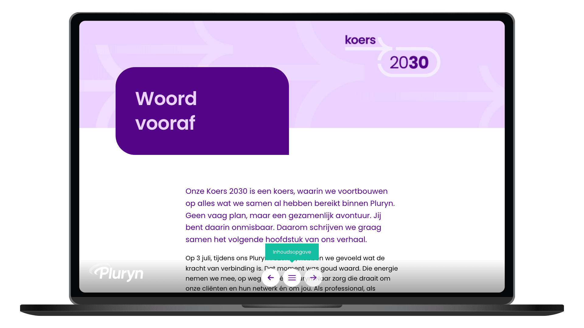 Online magazine Koers 2030 van Pluryn op een laptop, pagina Voorwoord