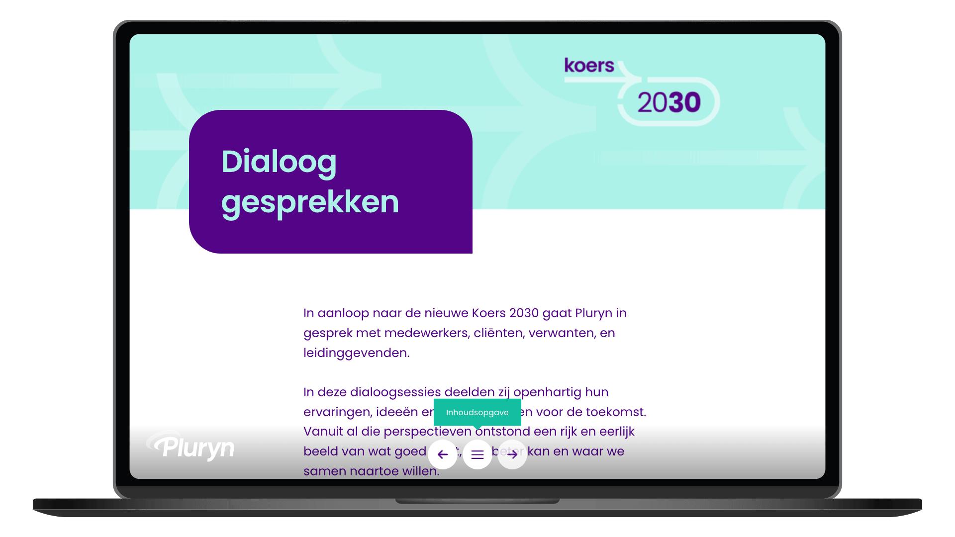 Online magazine Koers 2030 van Pluryn op een laptop, pagina Dialooggesprekken