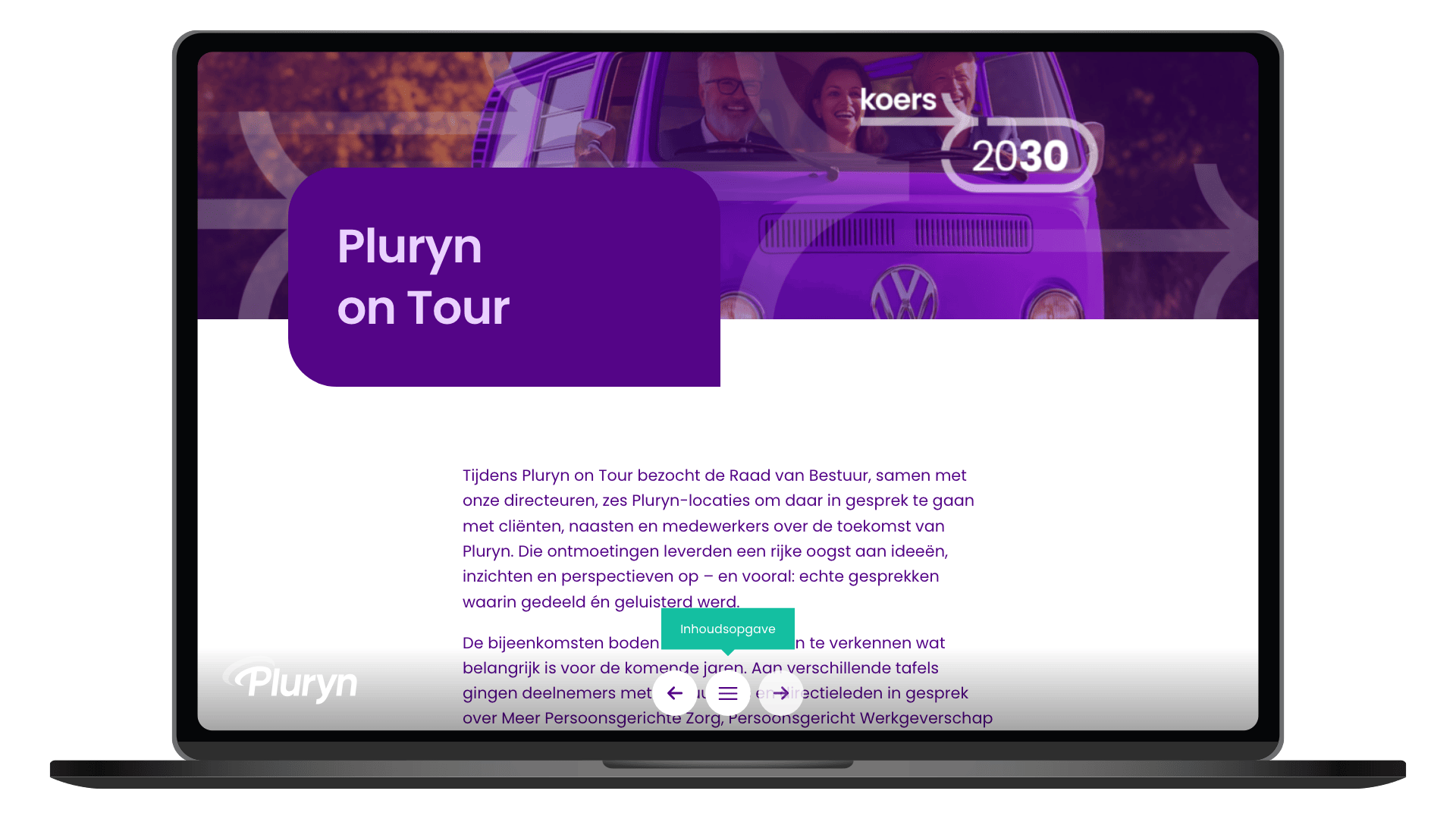 Online magazine Koers 2030 van Pluryn op een laptop, pagina Pluryn on Tour